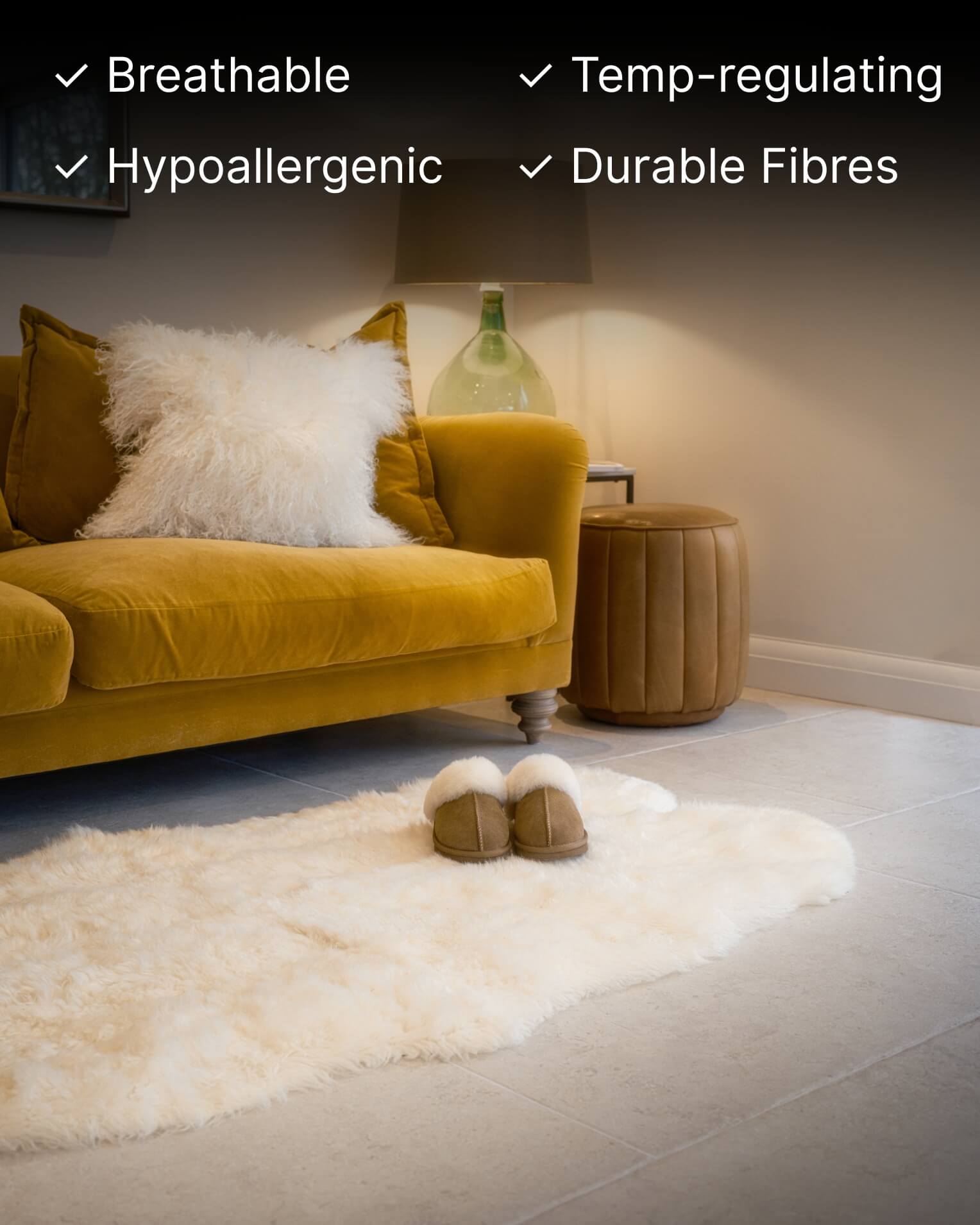 White Quad Long Sheepskin Rug in front of yellow sofa