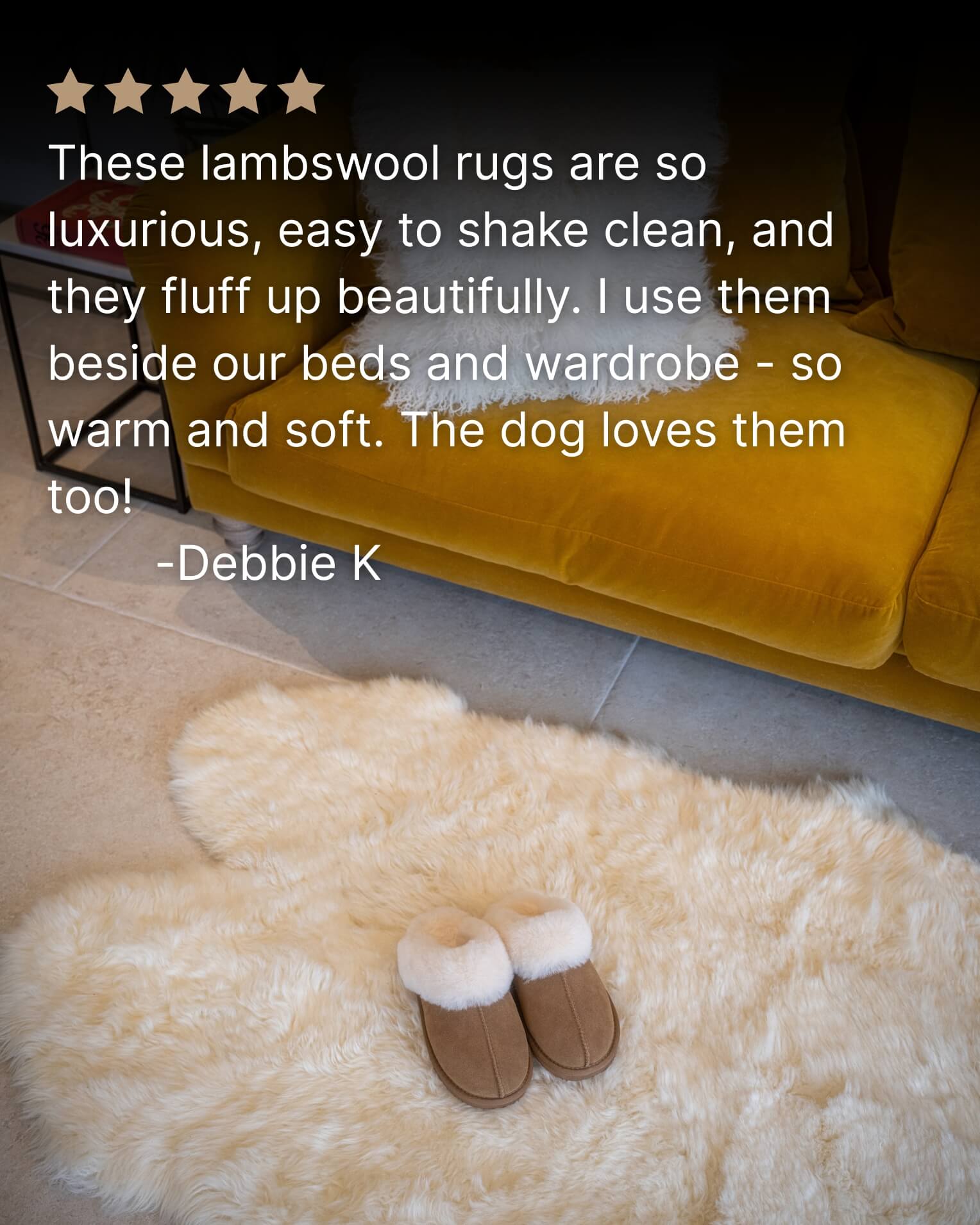 slippers on a White Quad Long Sheepskin Rug