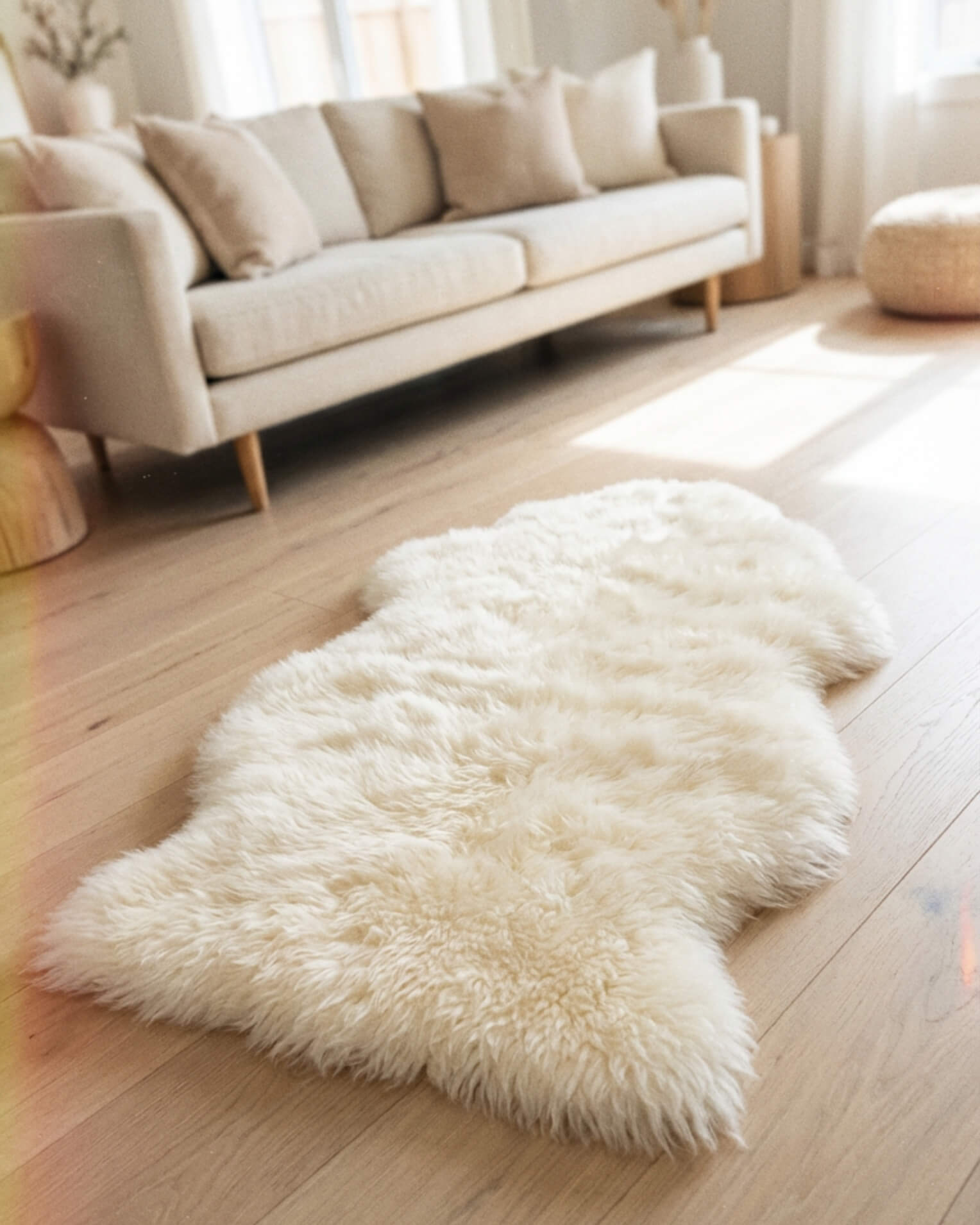 Ivory Single Sheepskin rug in front room on wooden floor