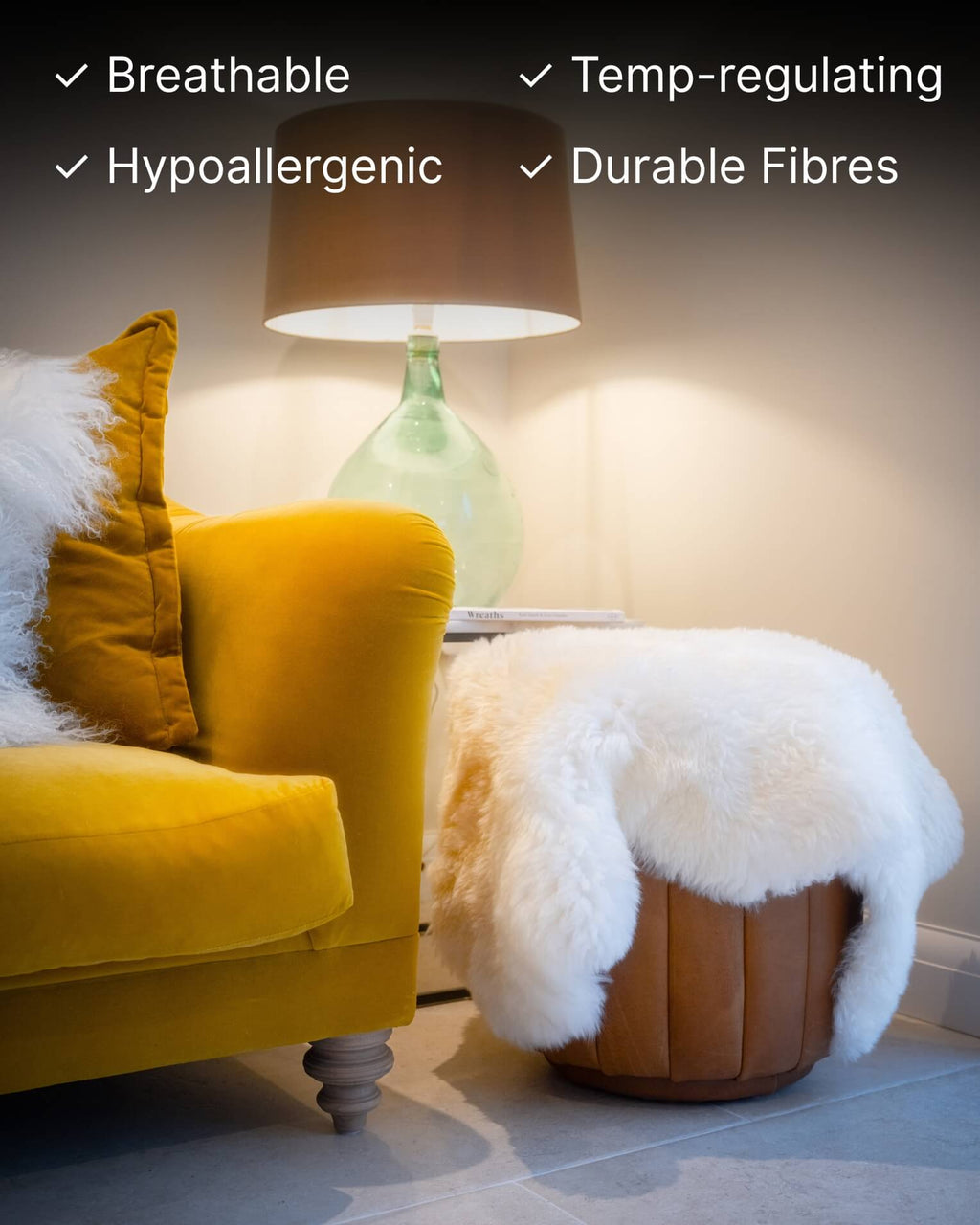 Ivory Single Sheepskin rug on footchair