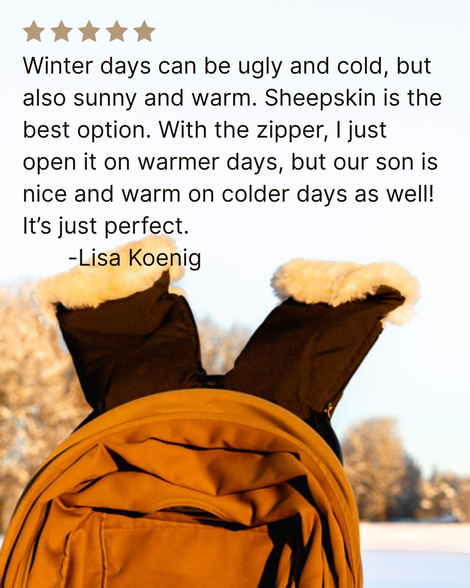 Black sheepskin mittens attached to stroller in winter.