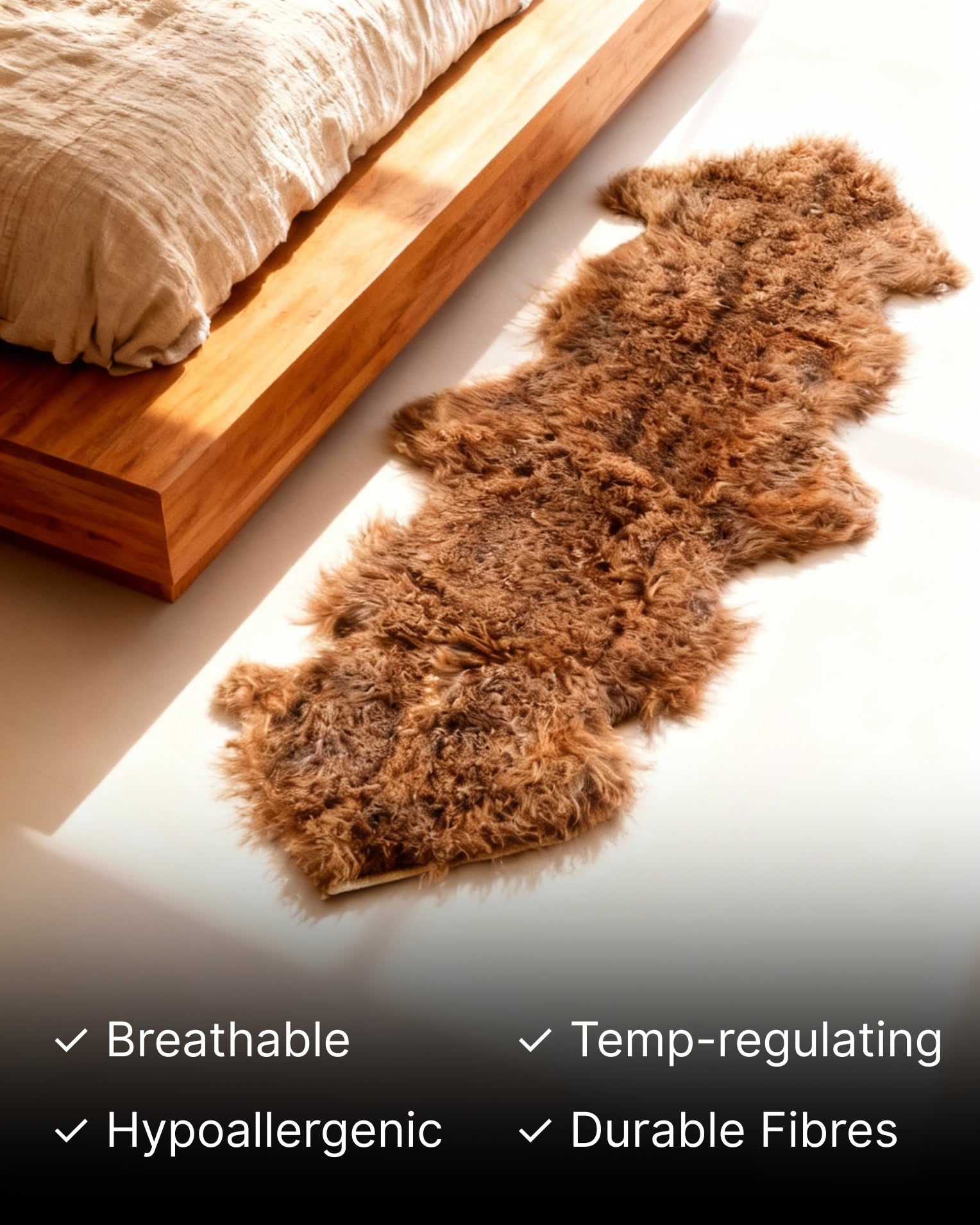 Mocha Mongolian Sheepskin Rug in bedroom