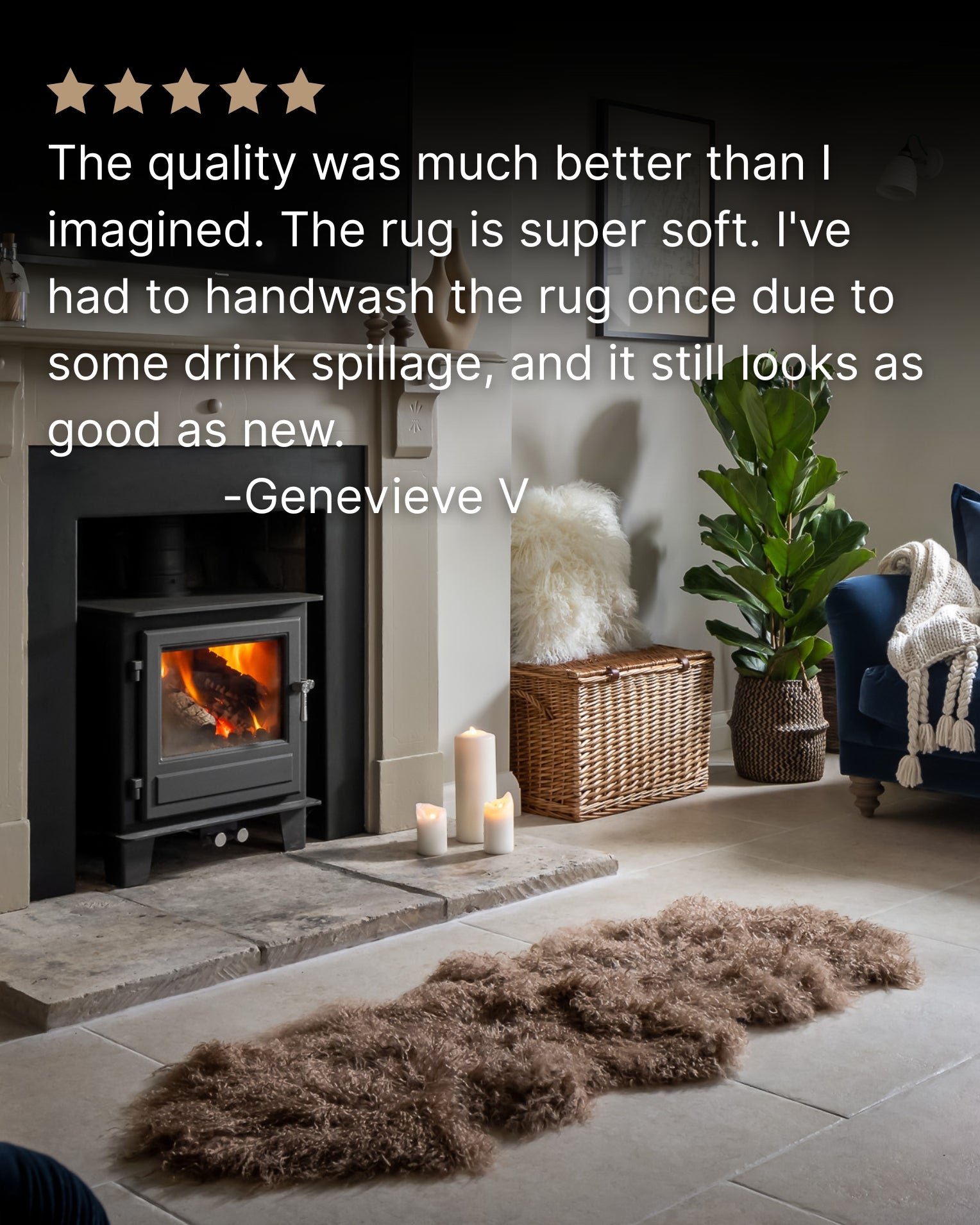 Mocha Mongolian Sheepskin Rug in front off fireplace