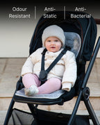 Child in a stroller with sheepskin liner