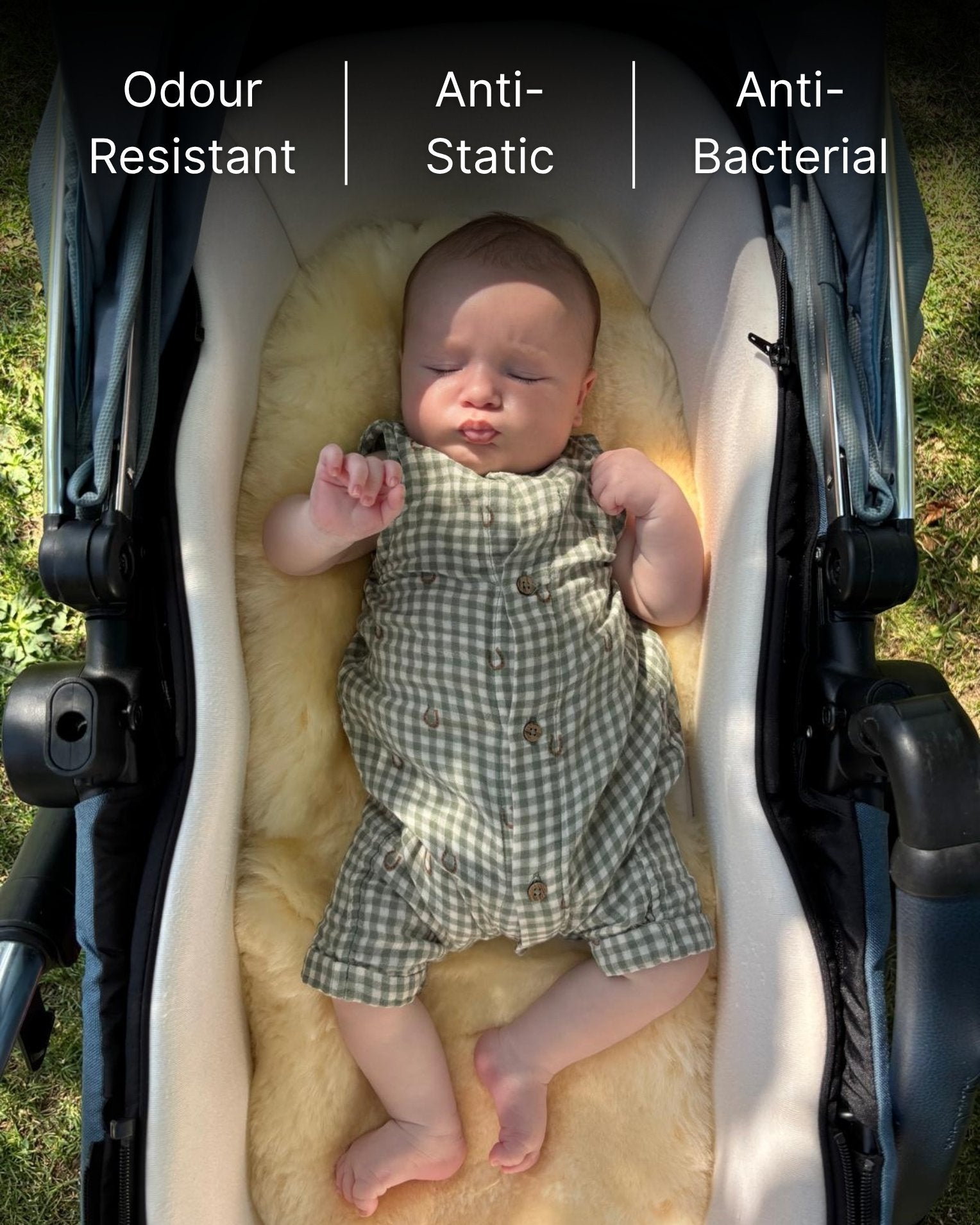 Newborn baby in a stroller with sheepskin liner