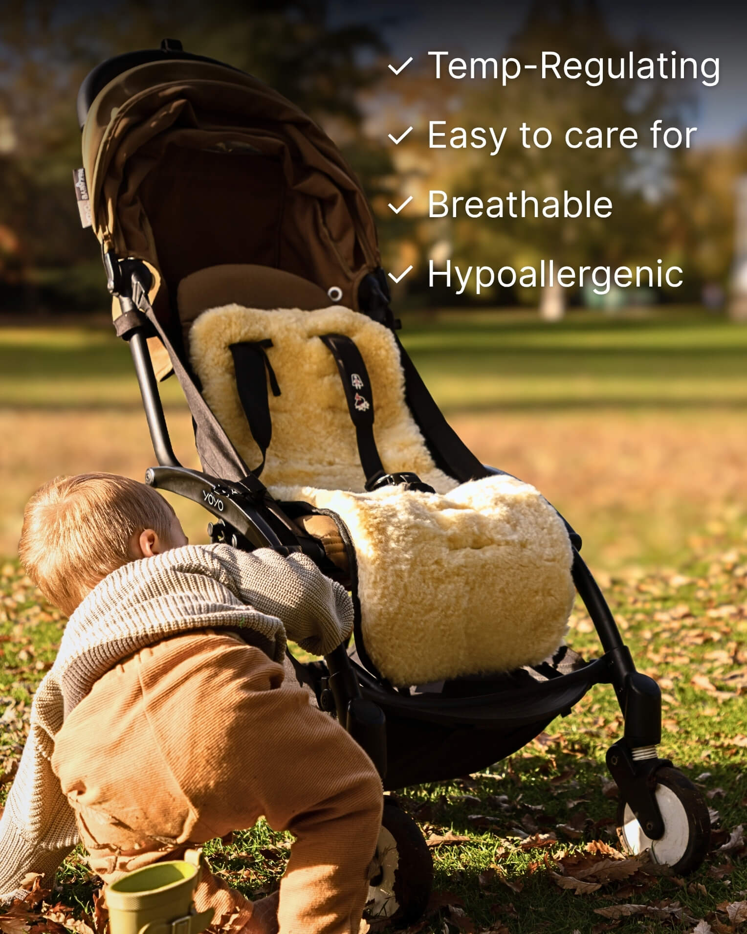 Child in a stroller with sheepskin liner