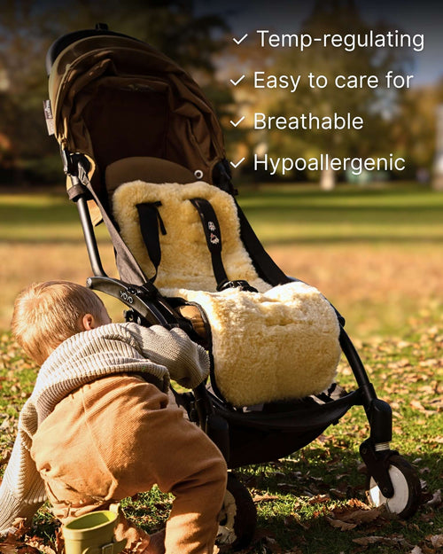 Baby in a stroller with sheepskin liner
