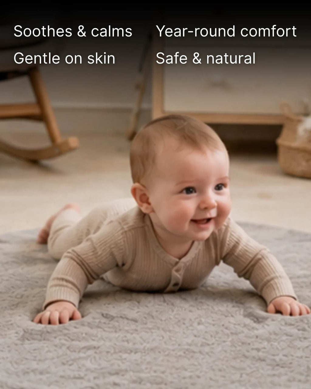 close up of baby tummy time on round ivory sheepskin playmat 