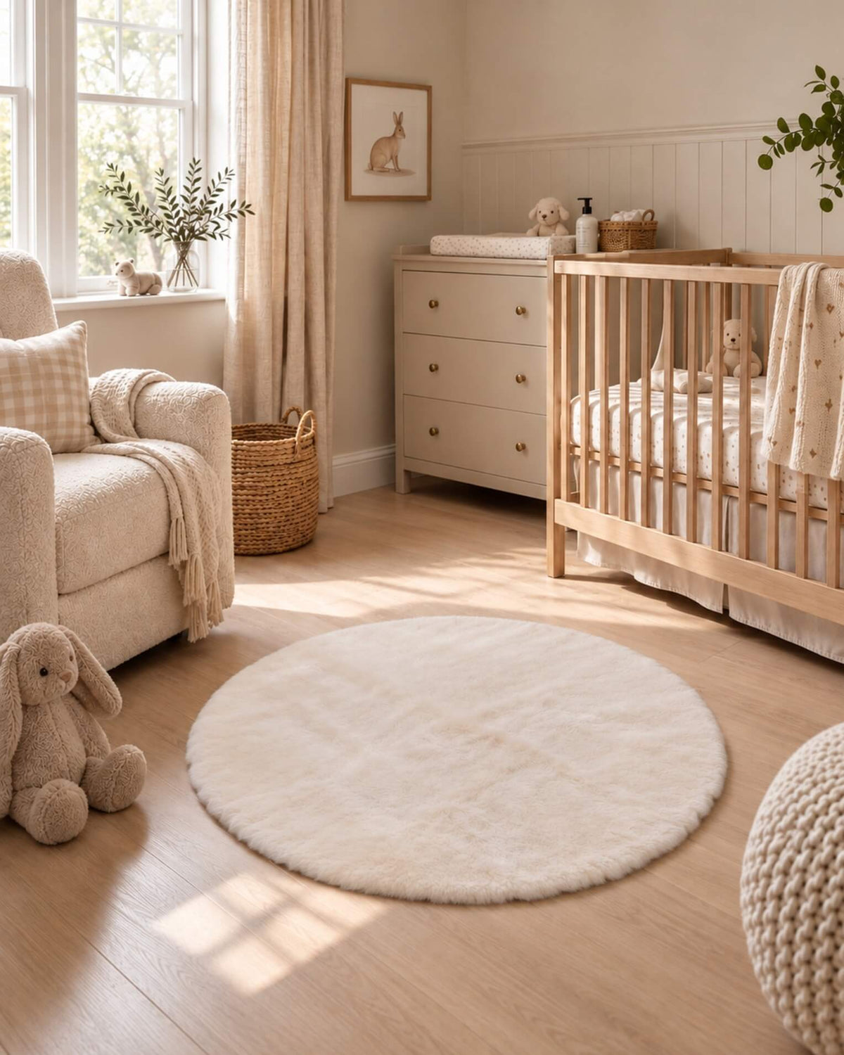 Round ivory sheepskin playmat on a wooden nursery floor beside a cot