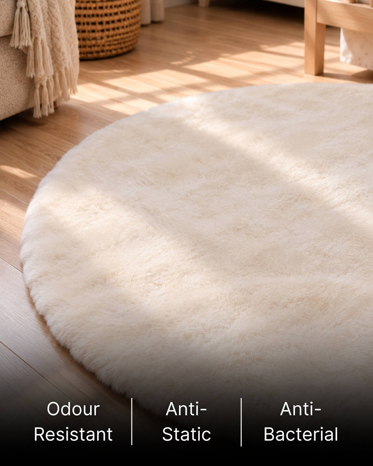 Round ivory sheepskin playmat close up with feature call outs
