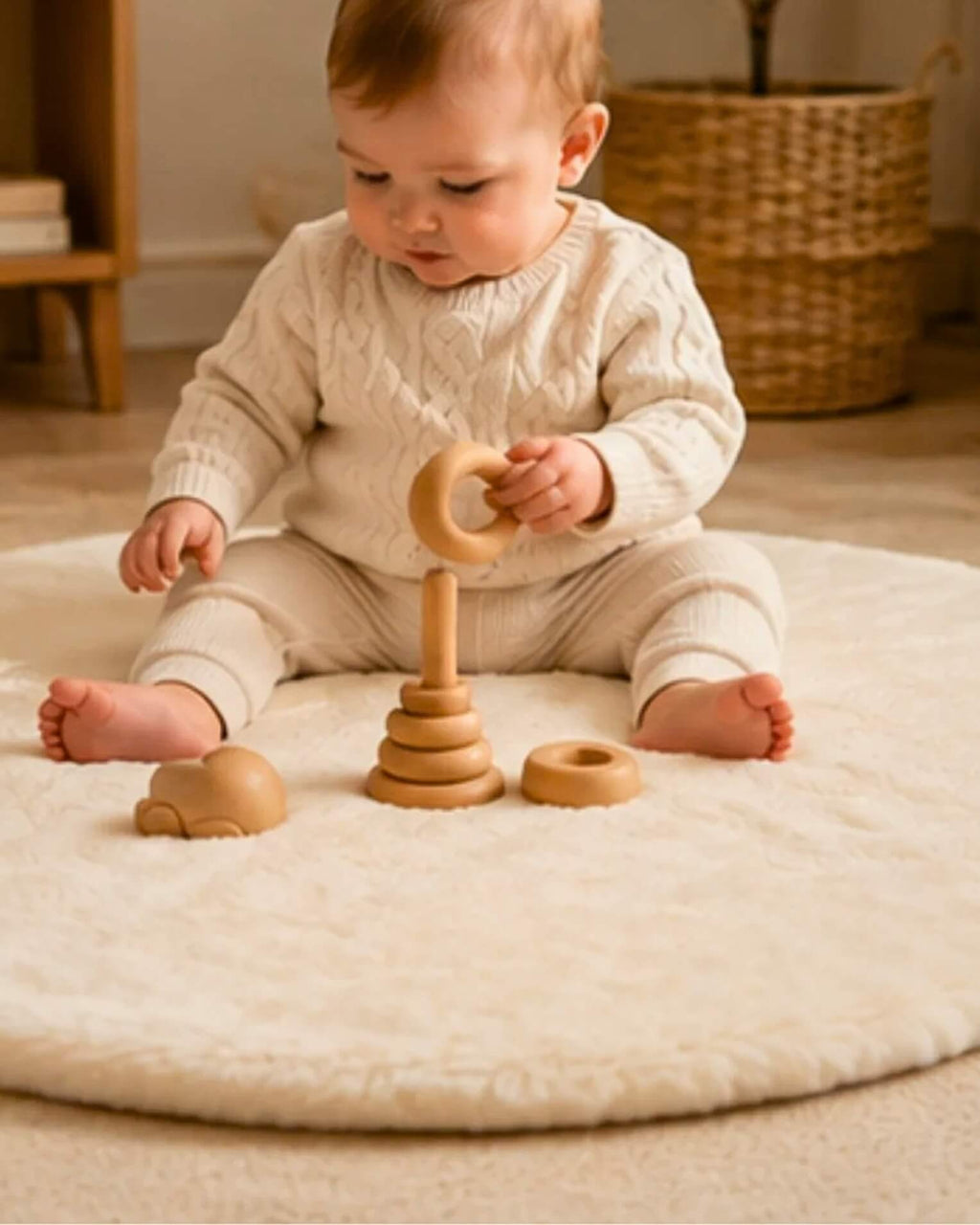 Baby sitting on round ivory sheepskin playmat  with wooden toys