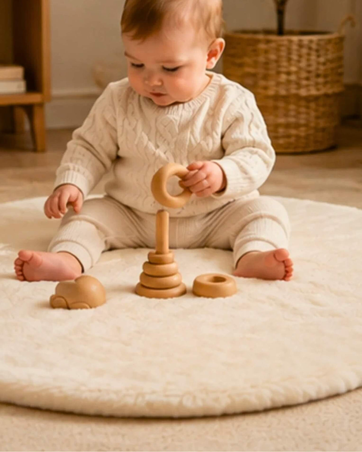 Baby sitting on round ivory sheepskin playmat  with wooden toys