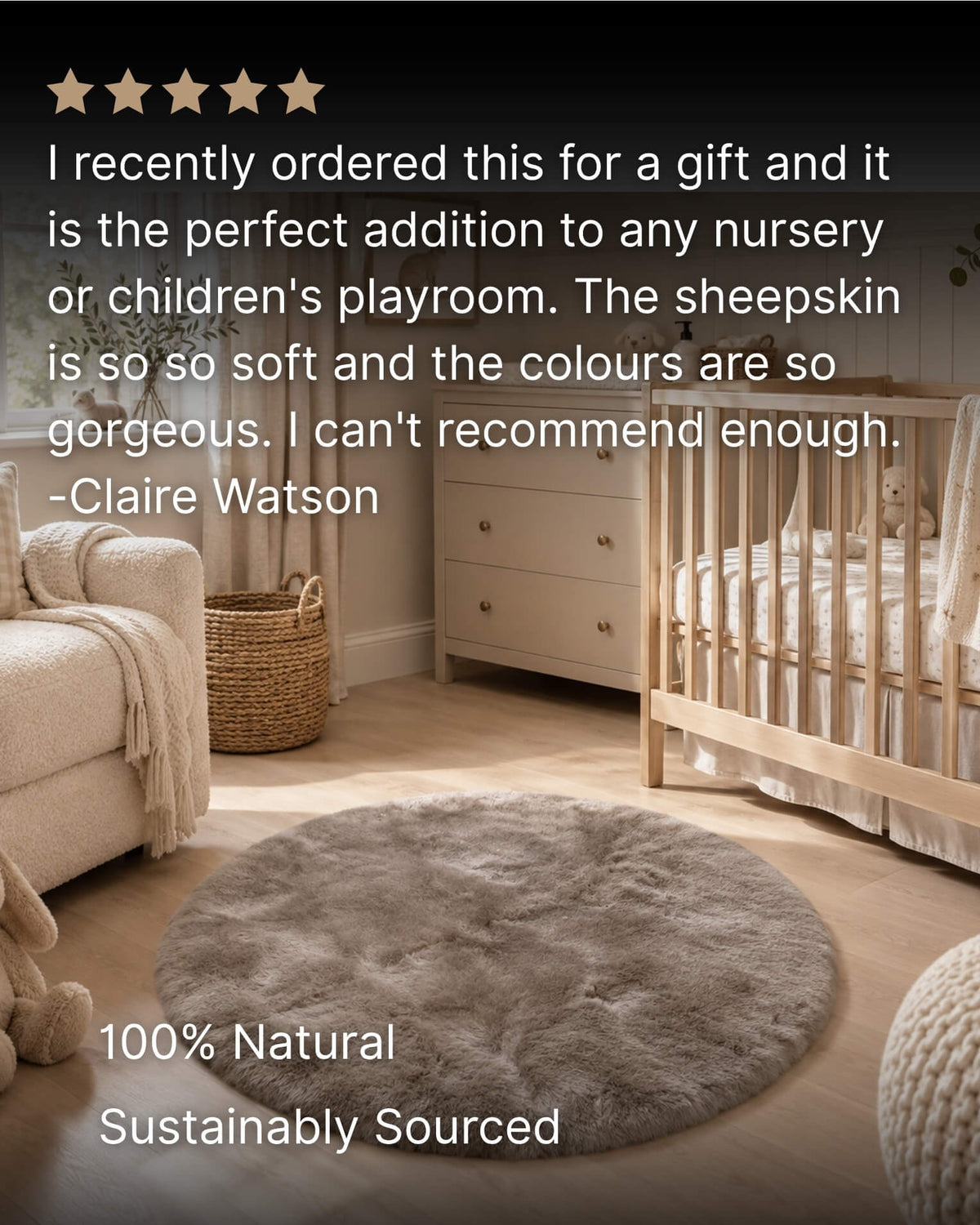 round taupe sheepskin playmat in nursary