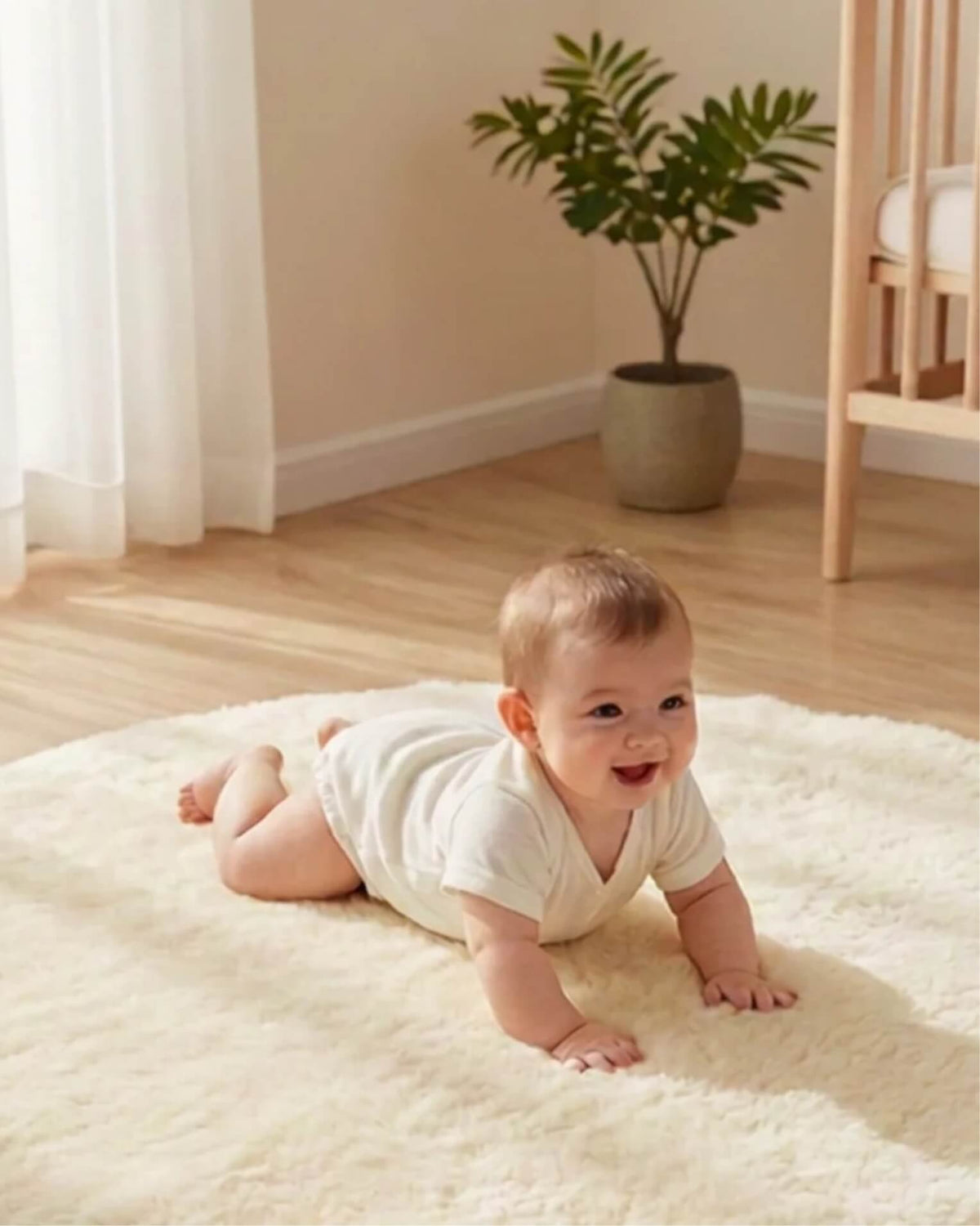 Baby tummy time on round ivory sheepskin playmat 