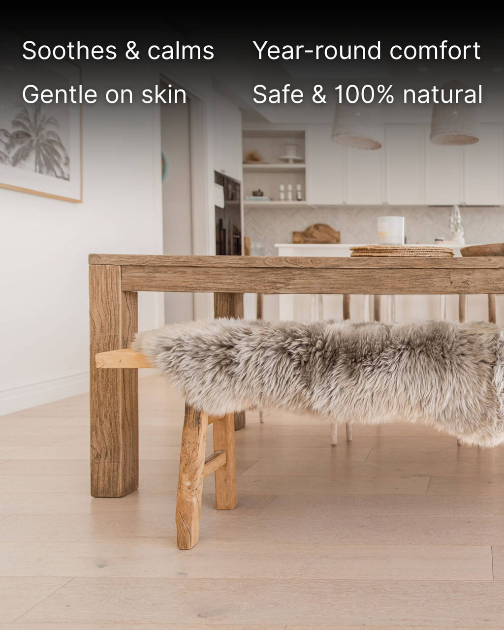 Silver Grey Double Long Wool Sheepskin Rug on bench