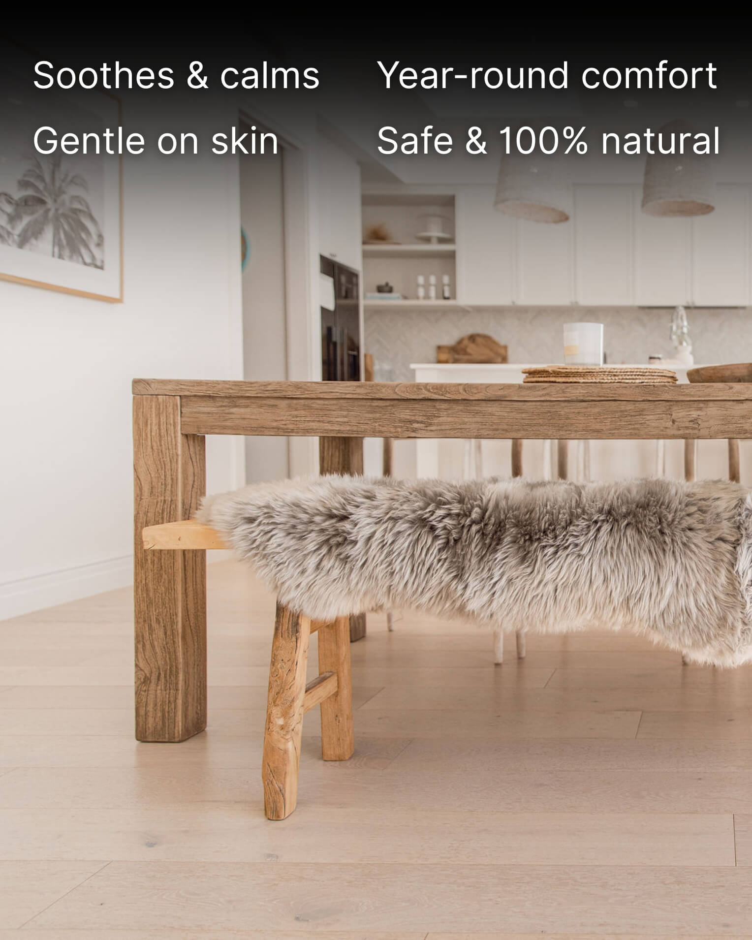 Silver Grey Double Long Wool Sheepskin Rug on bench