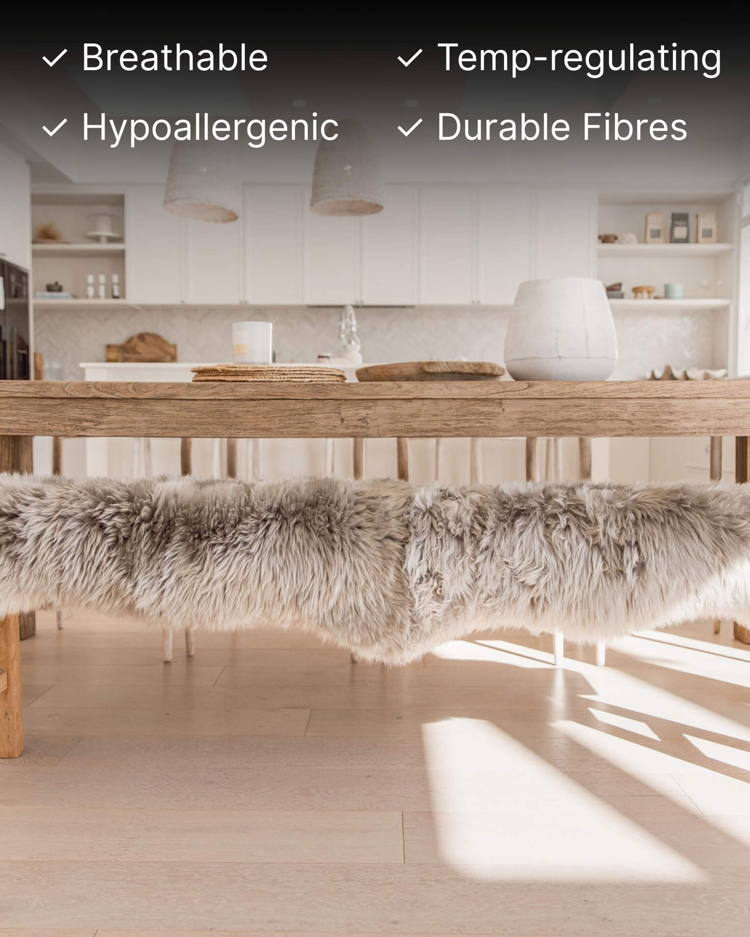 Silver Grey Double Long Wool Sheepskin Rug on bench
