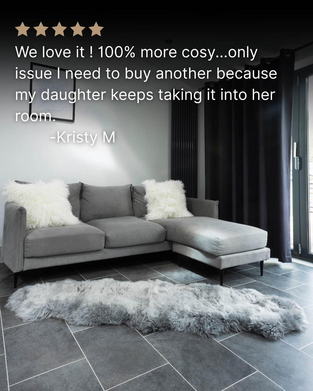 Silver Grey Double Long Wool Sheepskin Rug in front of sofa