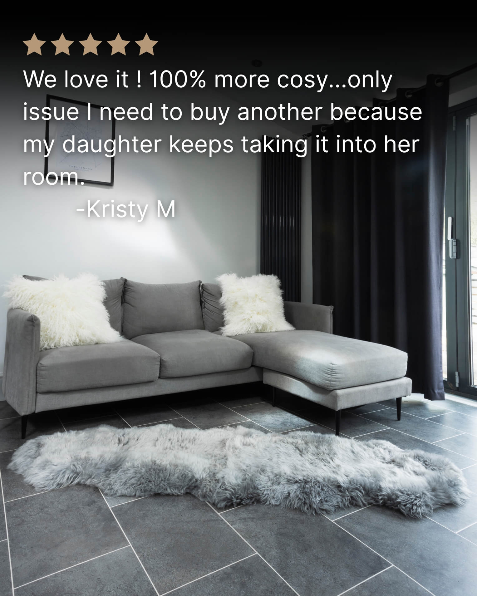 Silver Grey Double Long Wool Sheepskin Rug in front of sofa