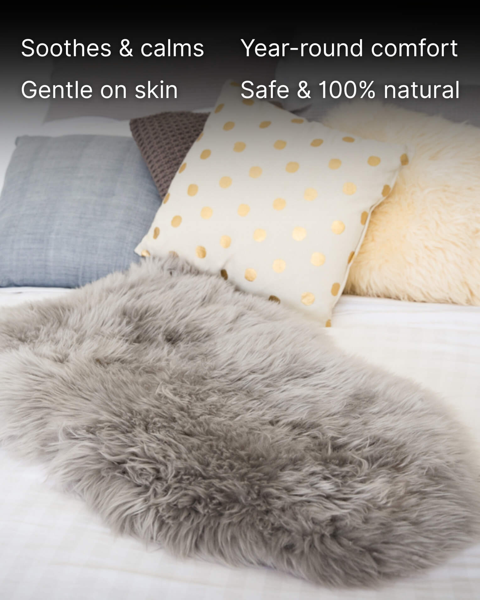 Silver Grey Single Sheepskin rug on bed