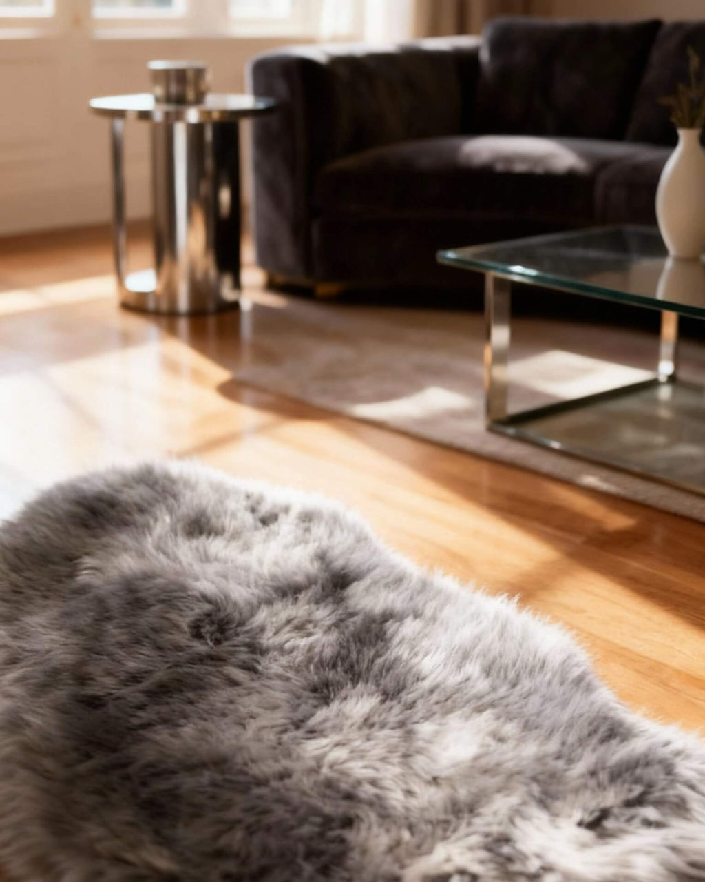 Silver Grey Single Sheepskin rug in front room