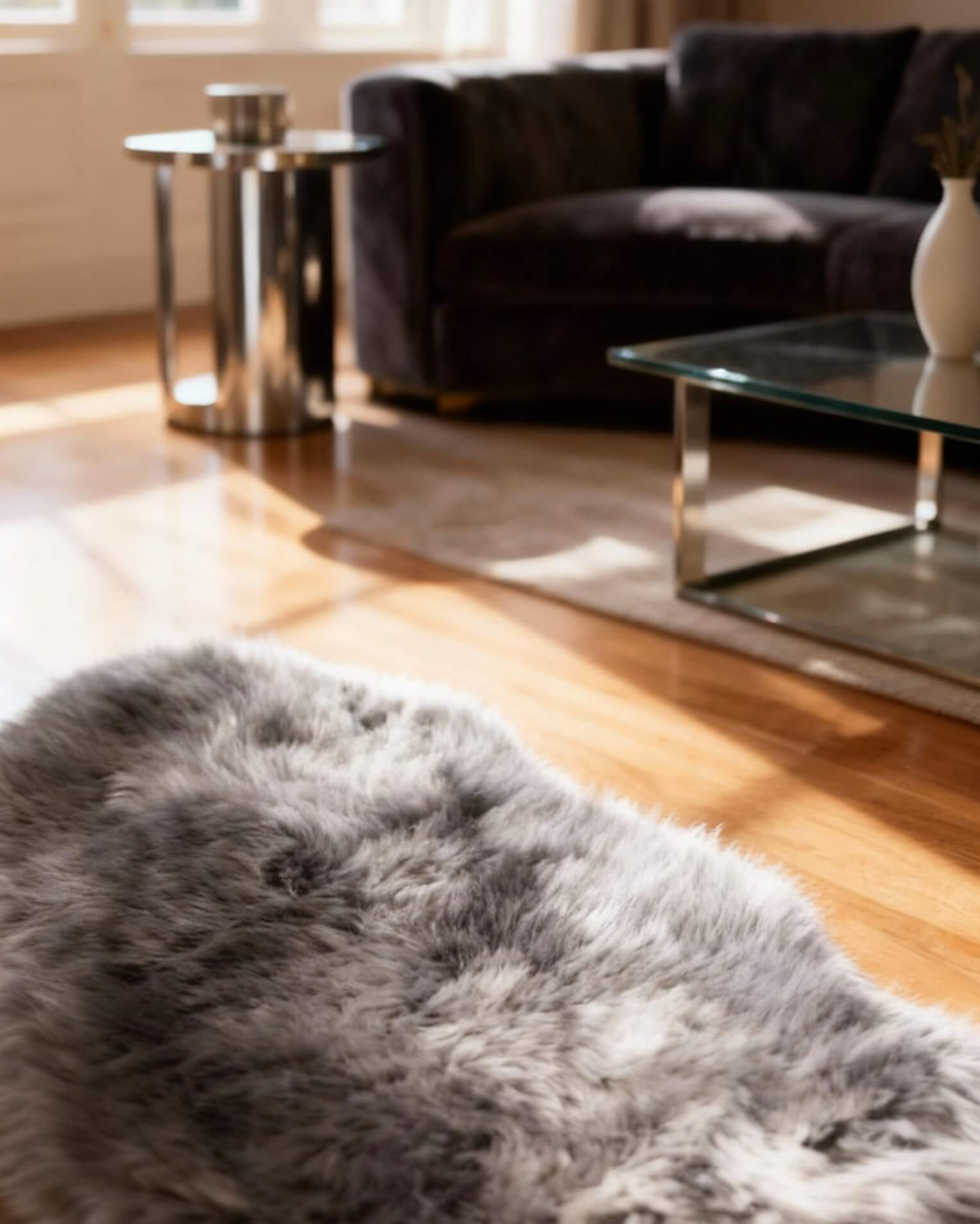 Silver Grey Single Sheepskin rug in front room
