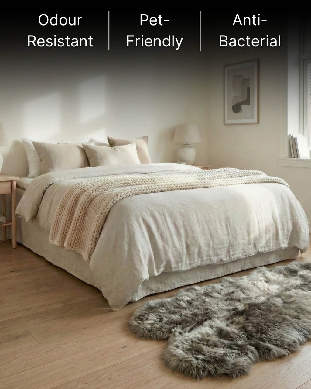 Silver Grey Quad Long Sheepskin Rug in bedroom