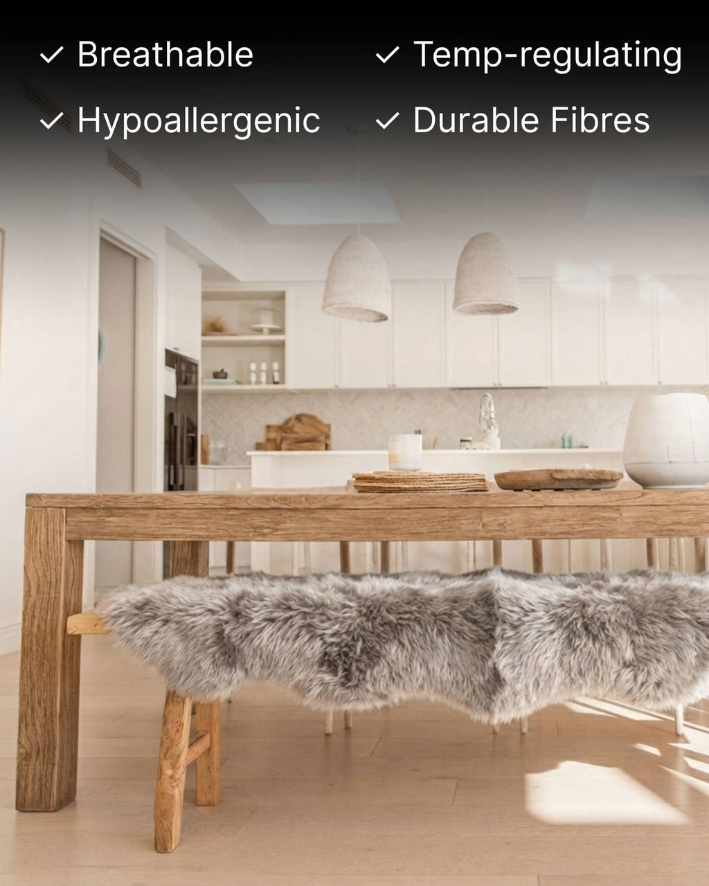 Silver Grey Quad Long Sheepskin Rug on bench