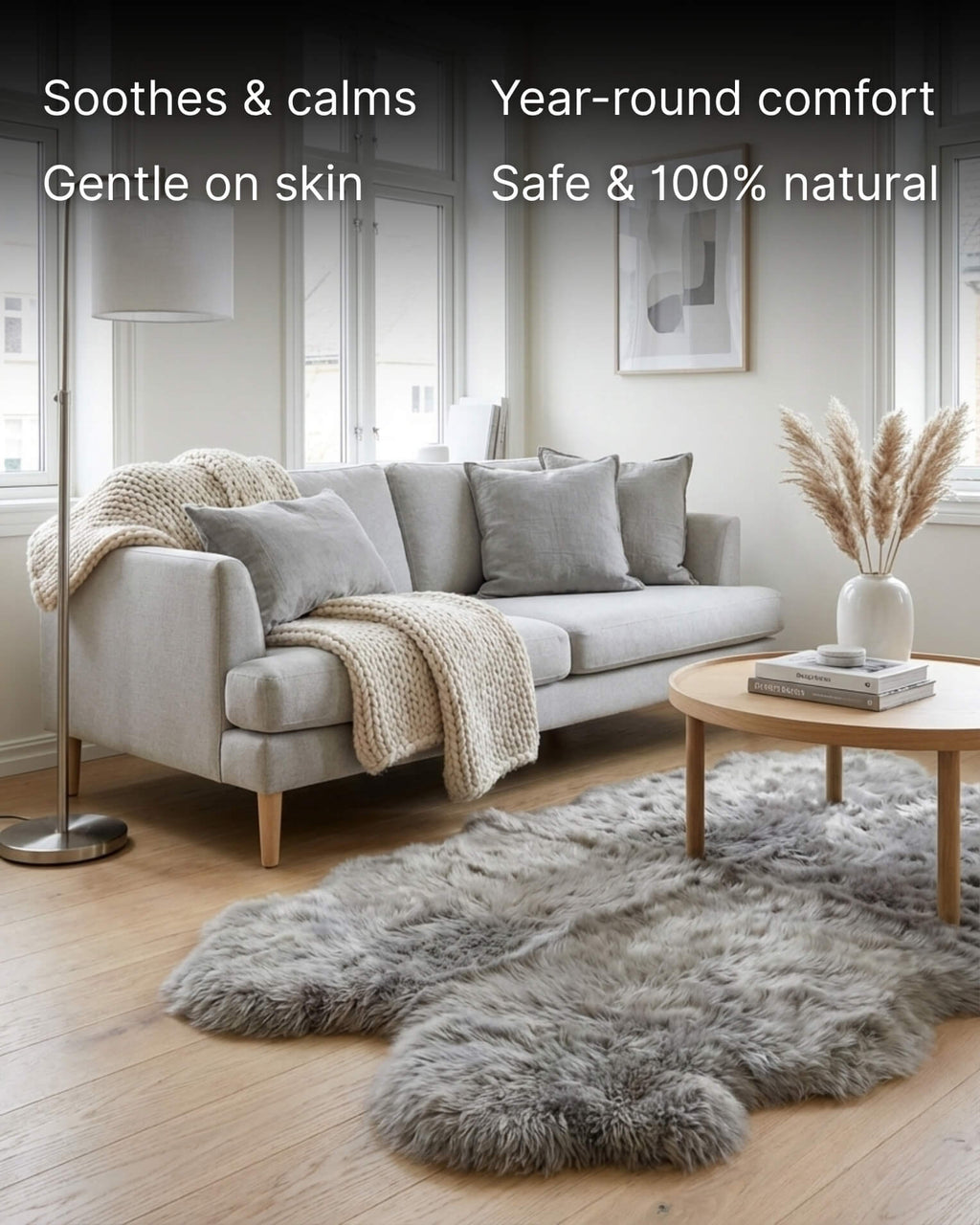 Silver Grey Quad Long Sheepskin Rug in living room with grey accent