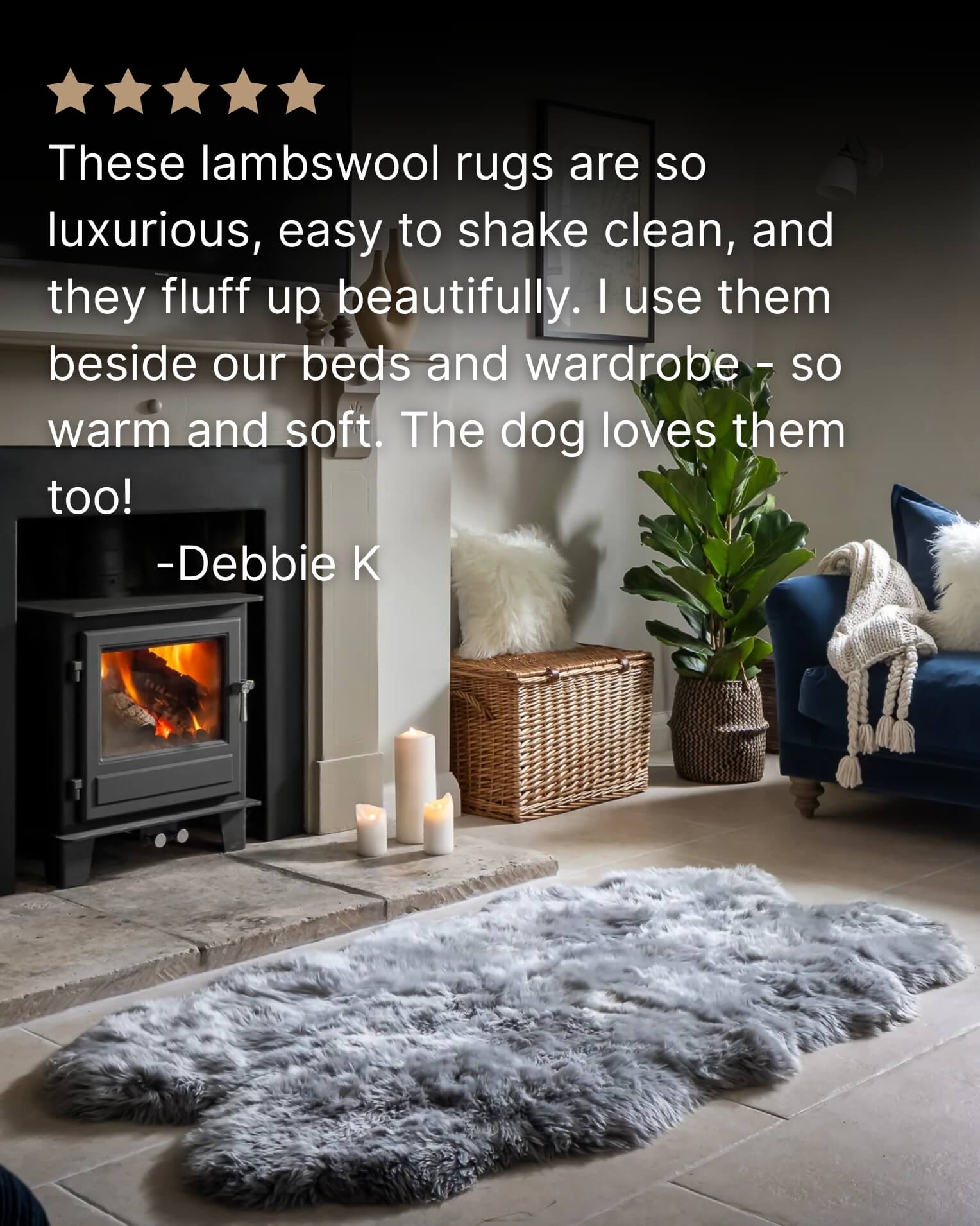 Silver Grey Quad Long Sheepskin Rug in front off fireplace