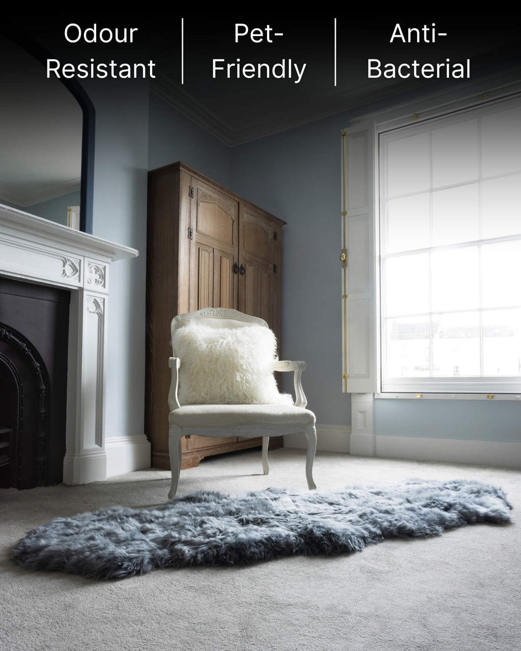 Steel Grey Double Long Wool Sheepskin Rug living room close up