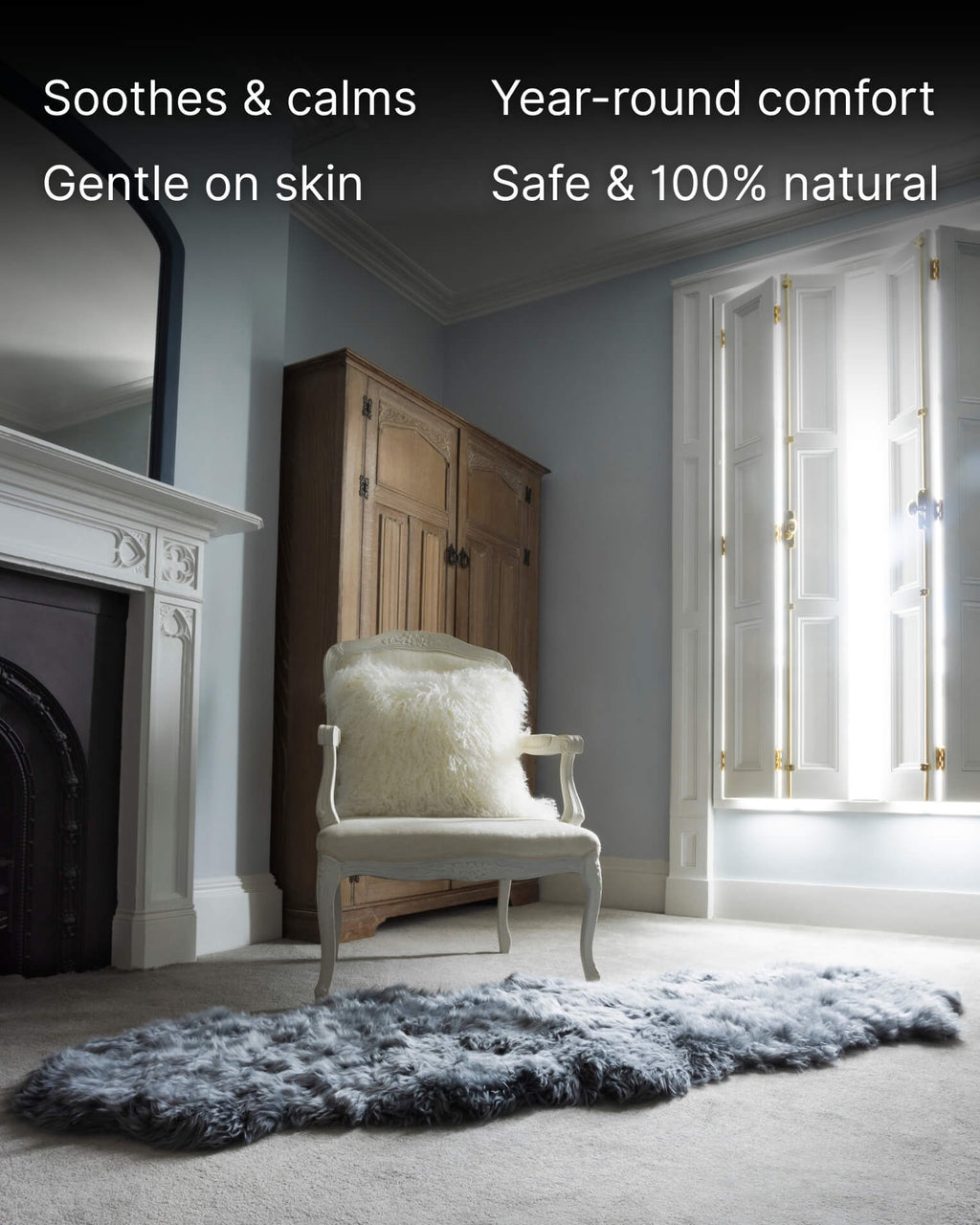 Steel Grey Double Long Wool Sheepskin Rug in living room