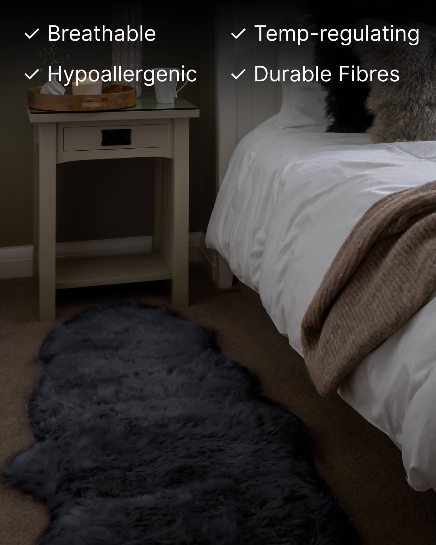 Steel Grey Double Long Wool Sheepskin Rug bedroom