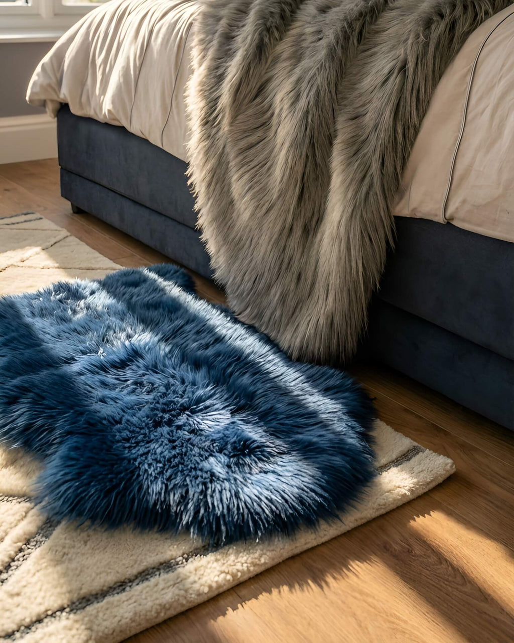 Steel Grey Single Sheepskin rug in bedroom