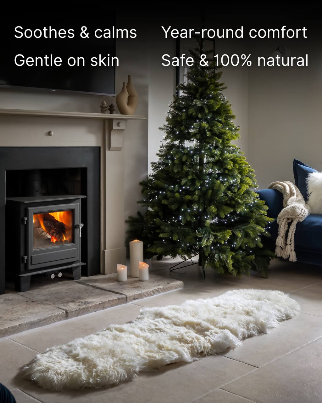 Stone Double Long Wool Sheepskin Rug in front of fireplace