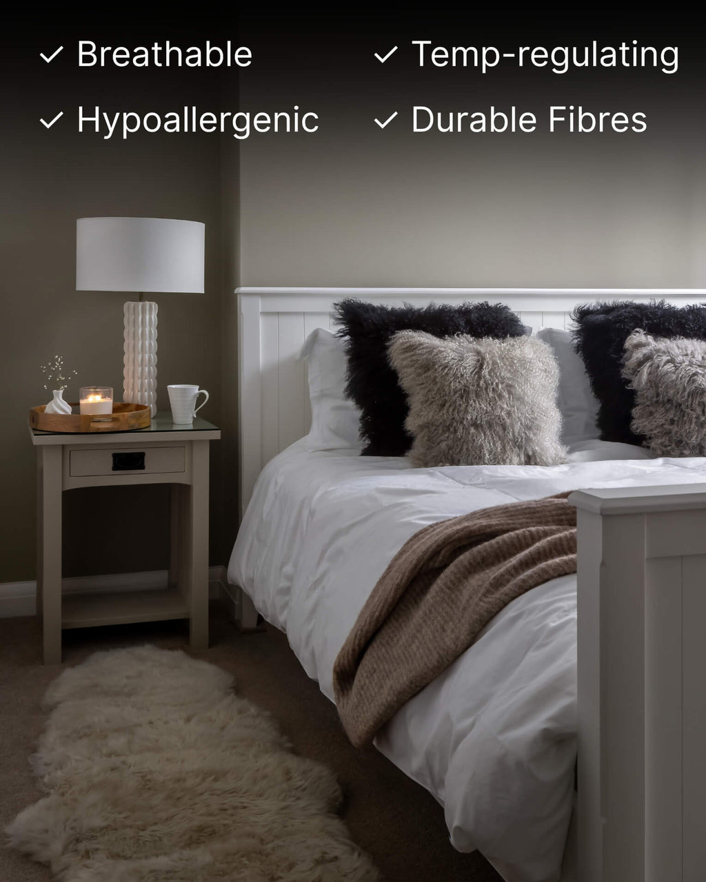 Stone Double Long Wool Sheepskin Rug in bedroom