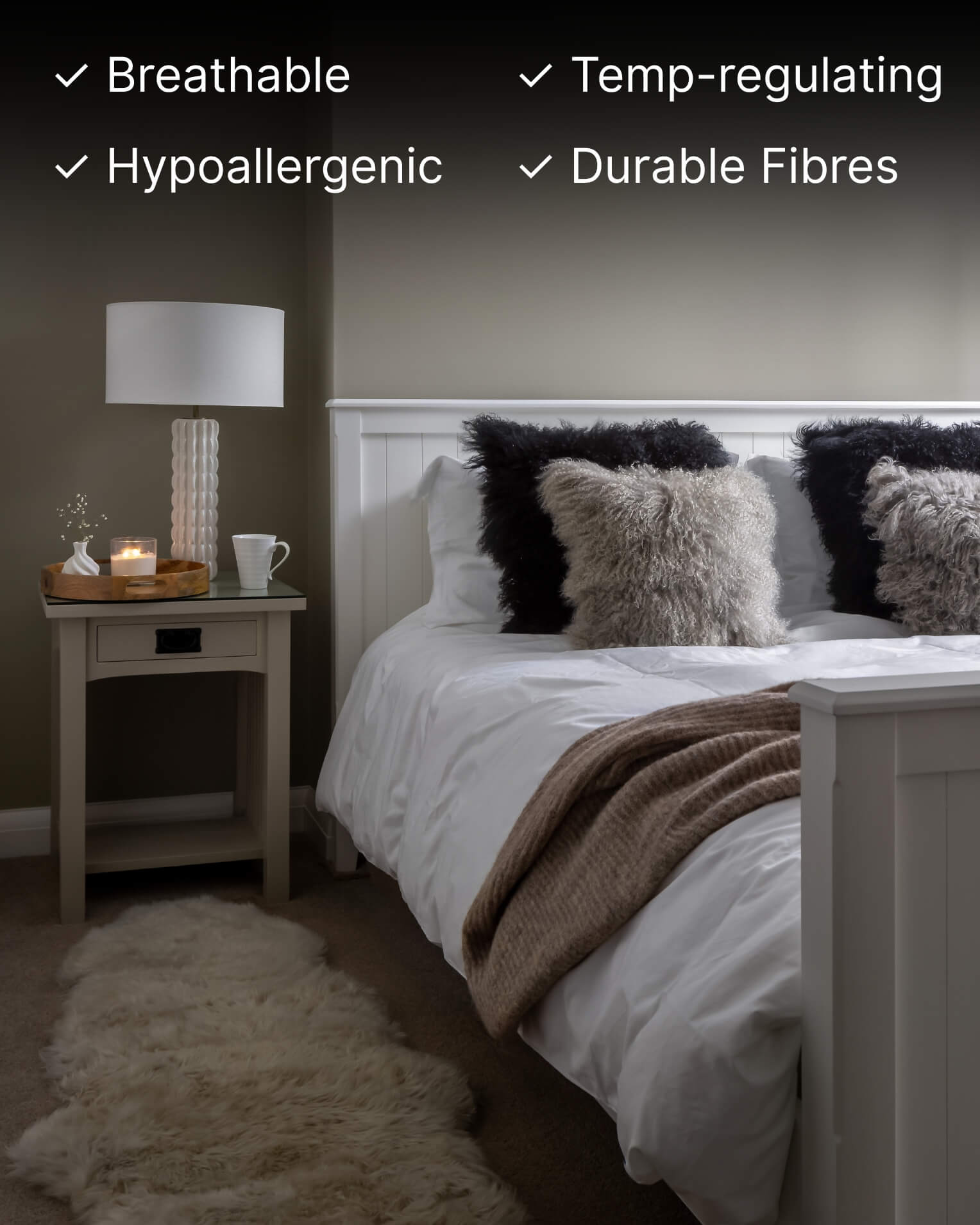 Stone Double Long Wool Sheepskin Rug in bedroom