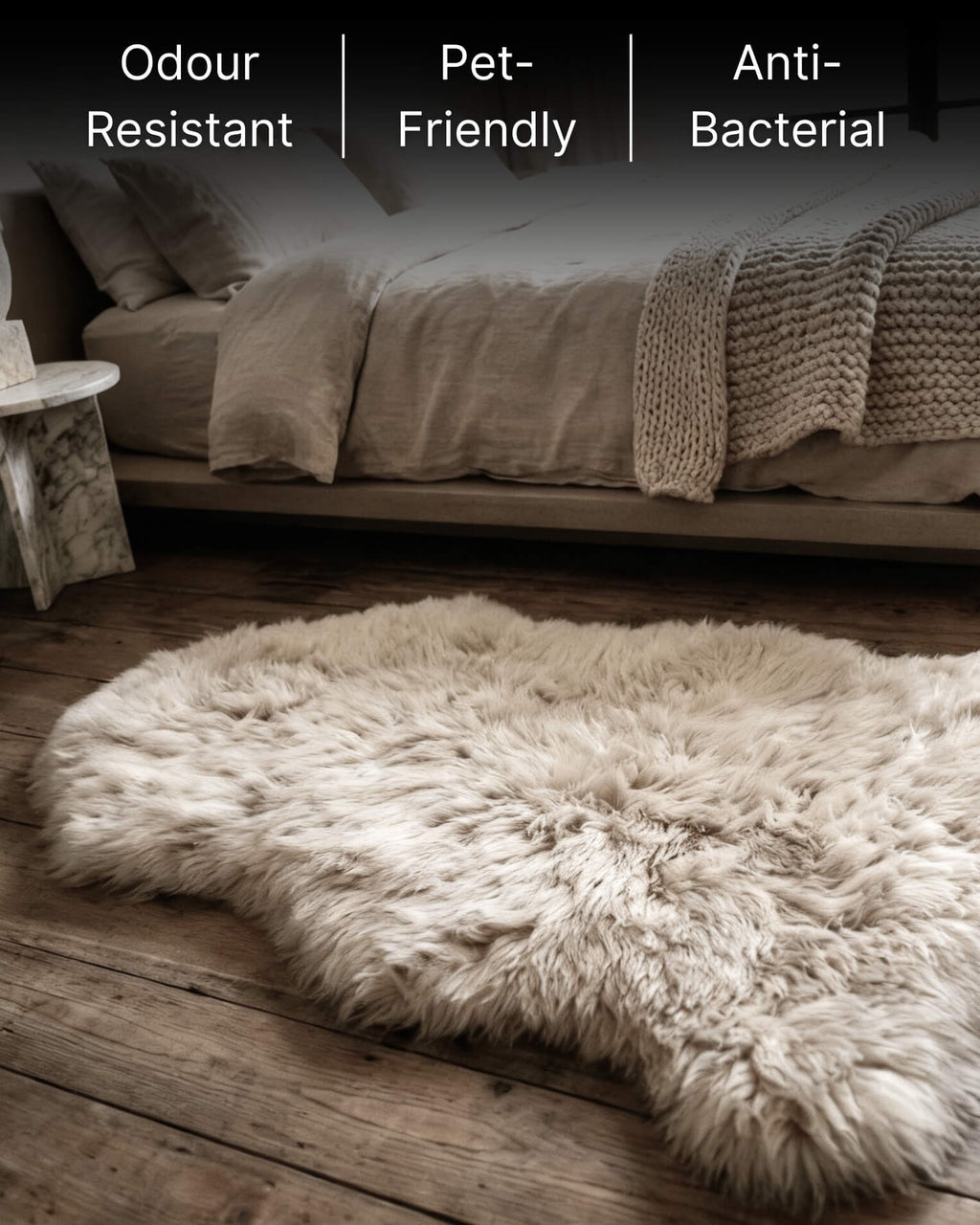 Stone Single Sheepskin rug ext to bed
