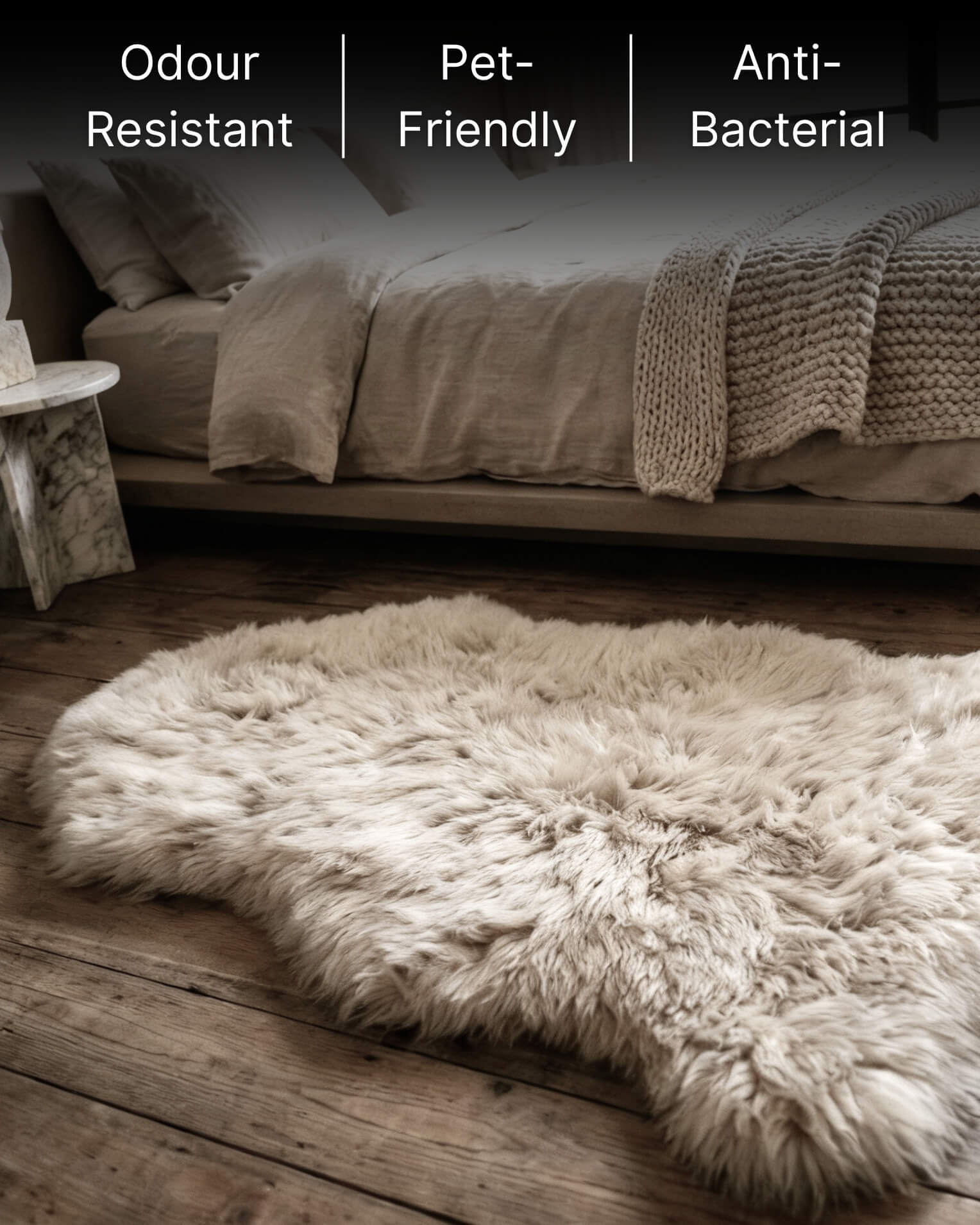 Stone Single Sheepskin rug ext to bed
