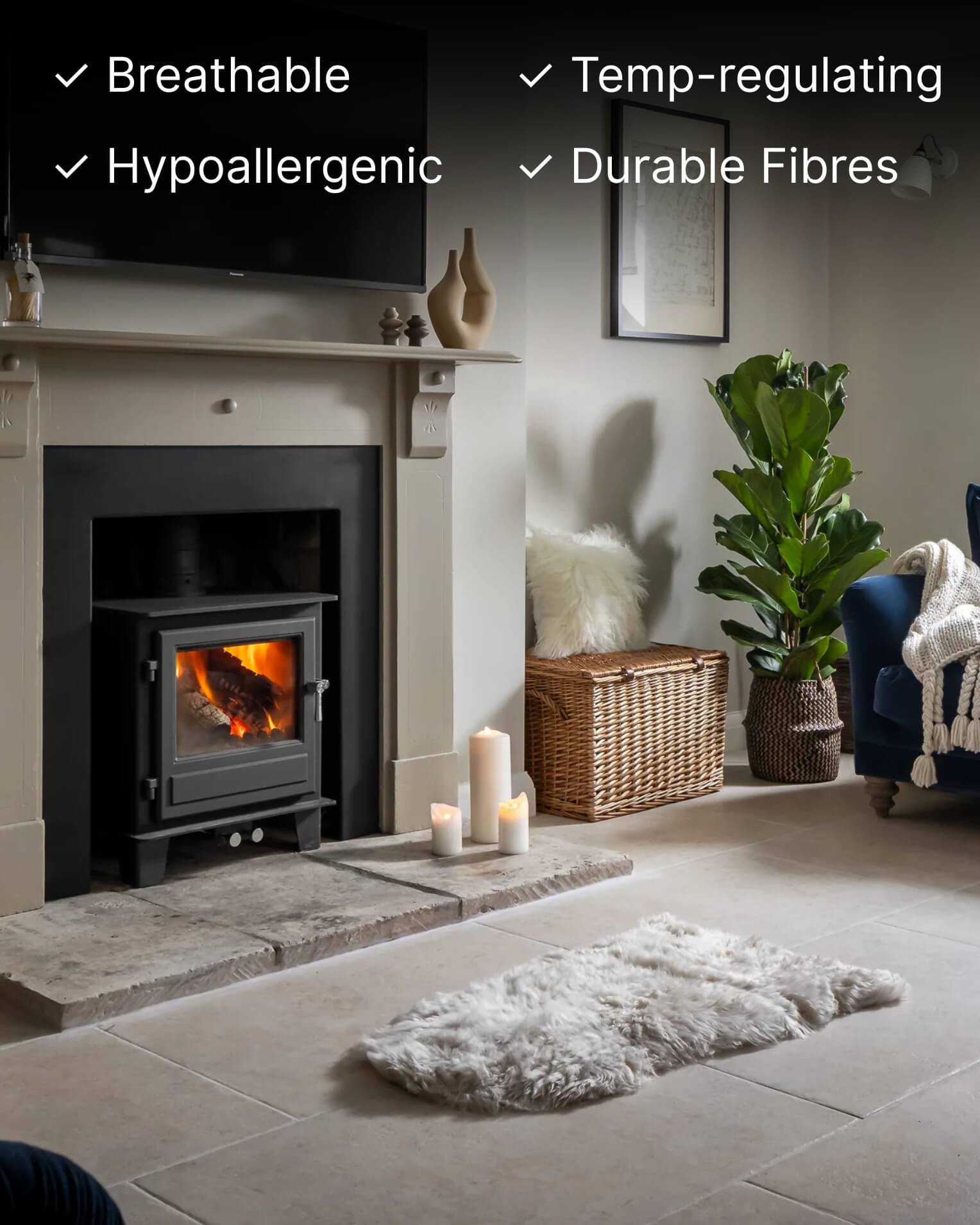 Stone Single Sheepskin rug in front off fireplace