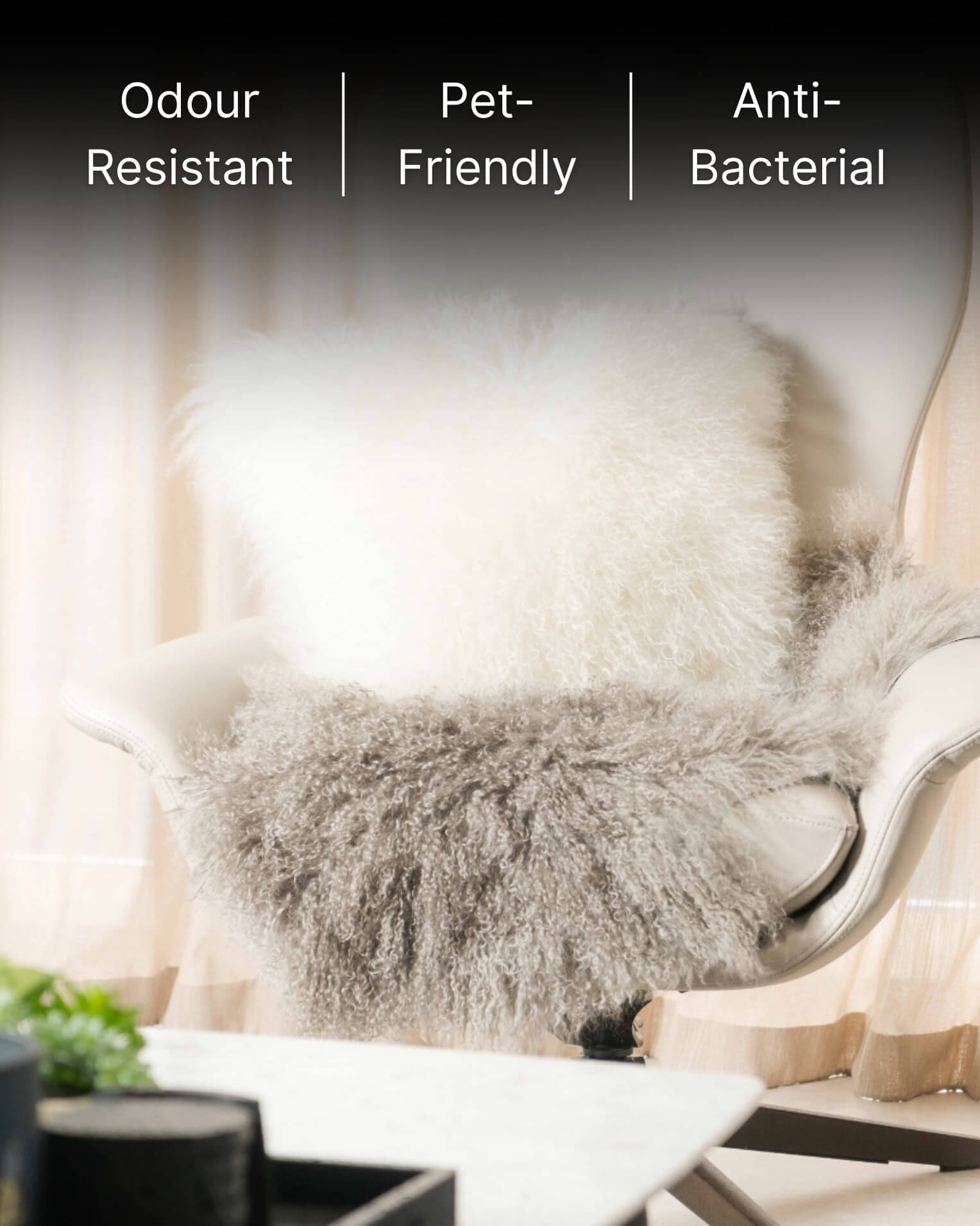 White mongolian sheepskin pillow on single chair