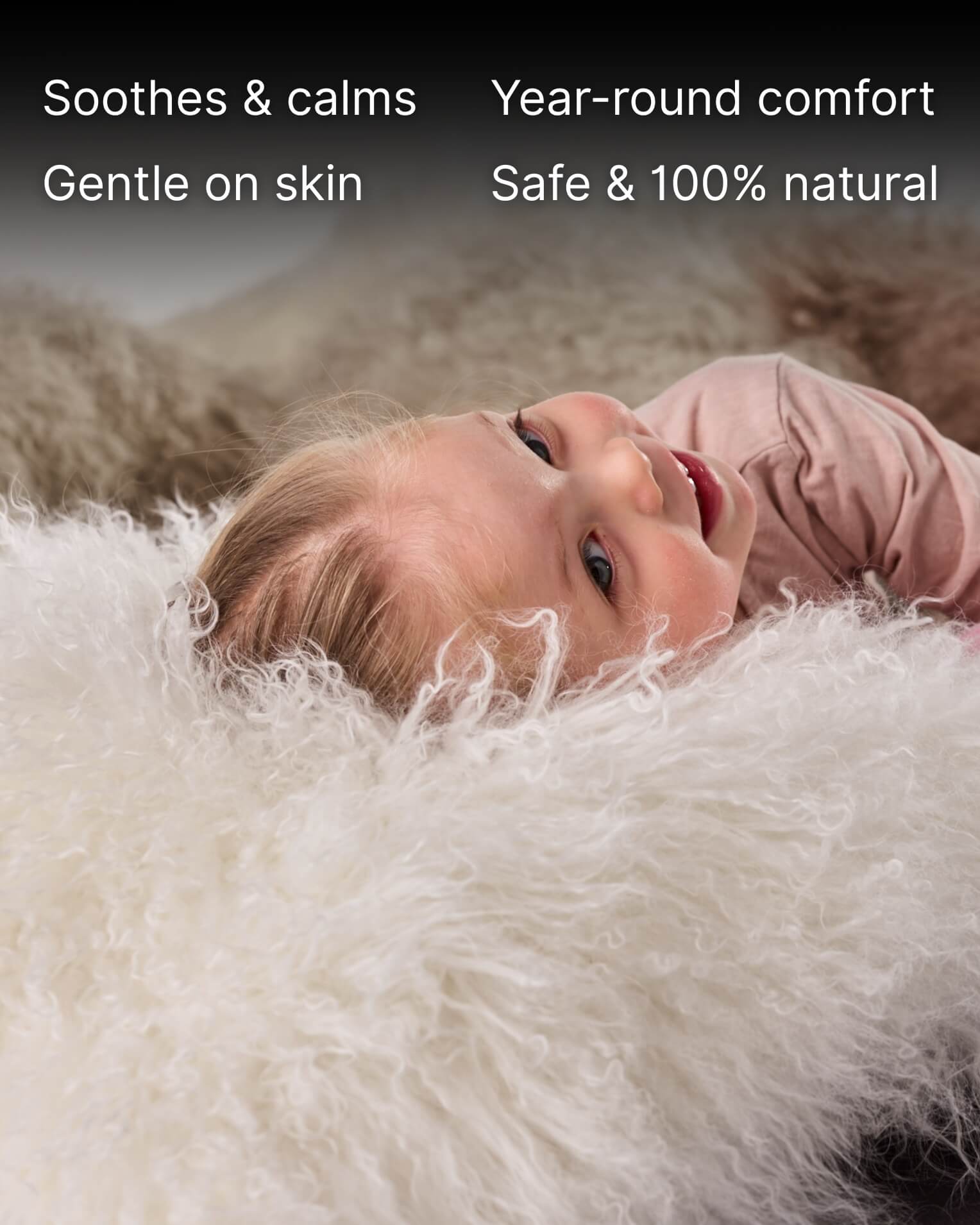 White mongolian sheepskin pillow with kid laying on