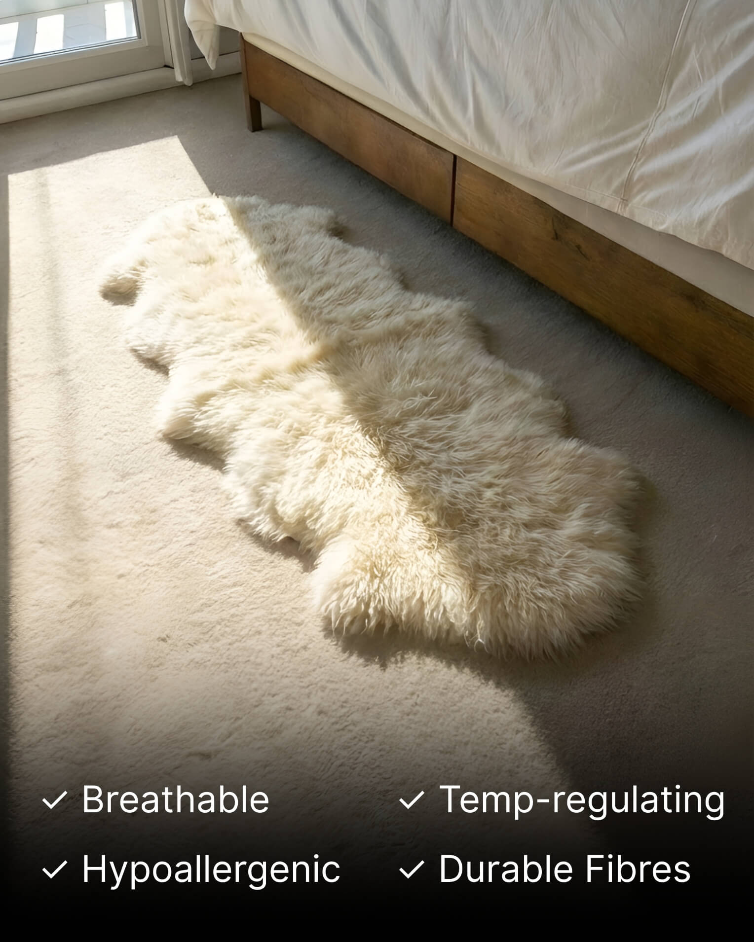 Ivory Mongolian Sheepskin Rug next to bed