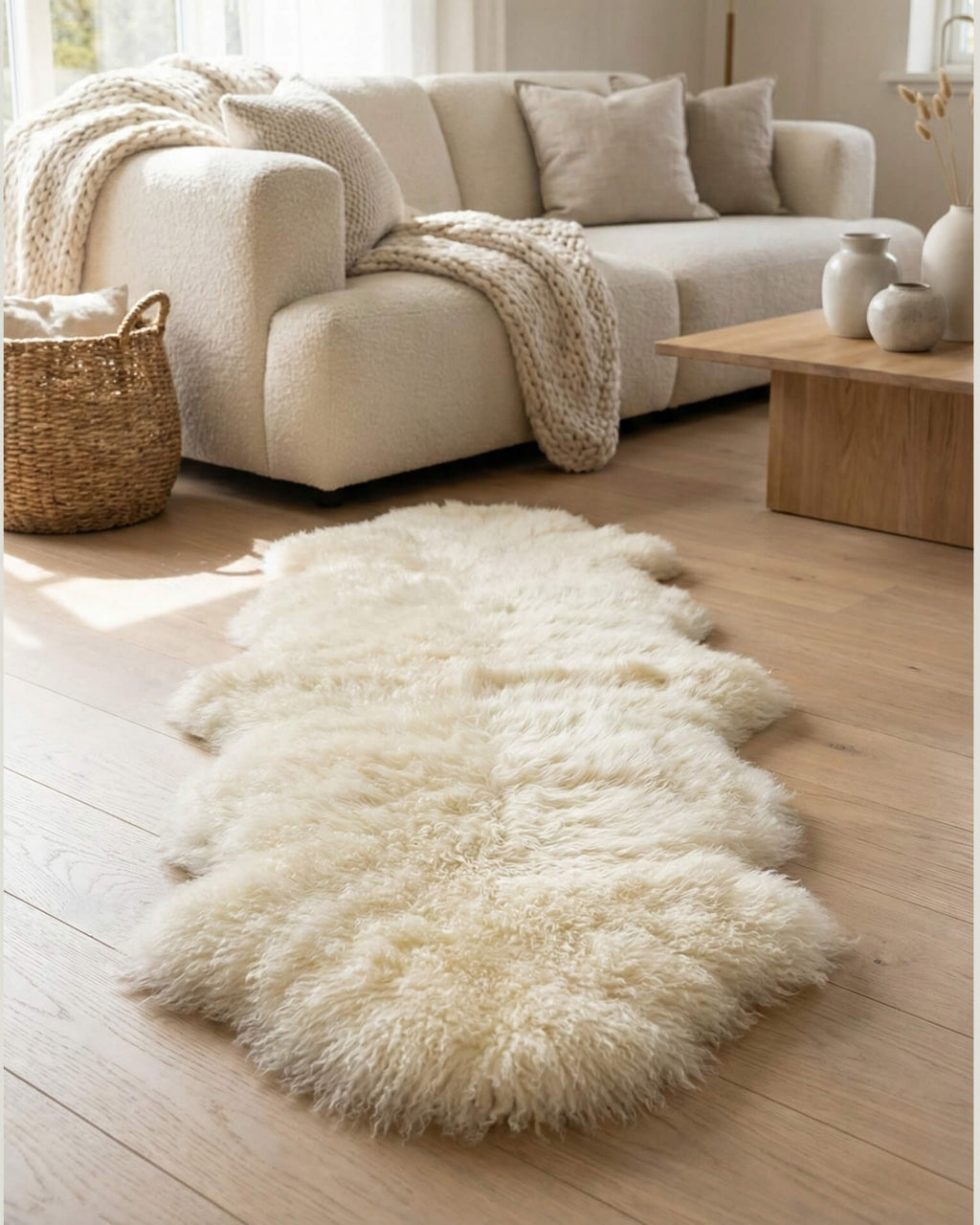 Ivory Mongolian Sheepskin Rug in front room