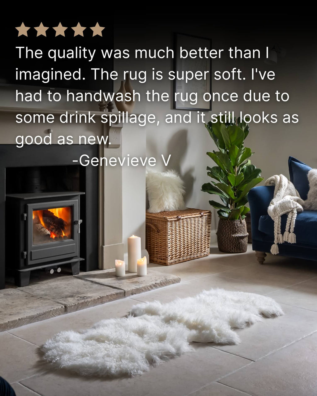 Ivory Mongolian Sheepskin Rug in front of fireplace