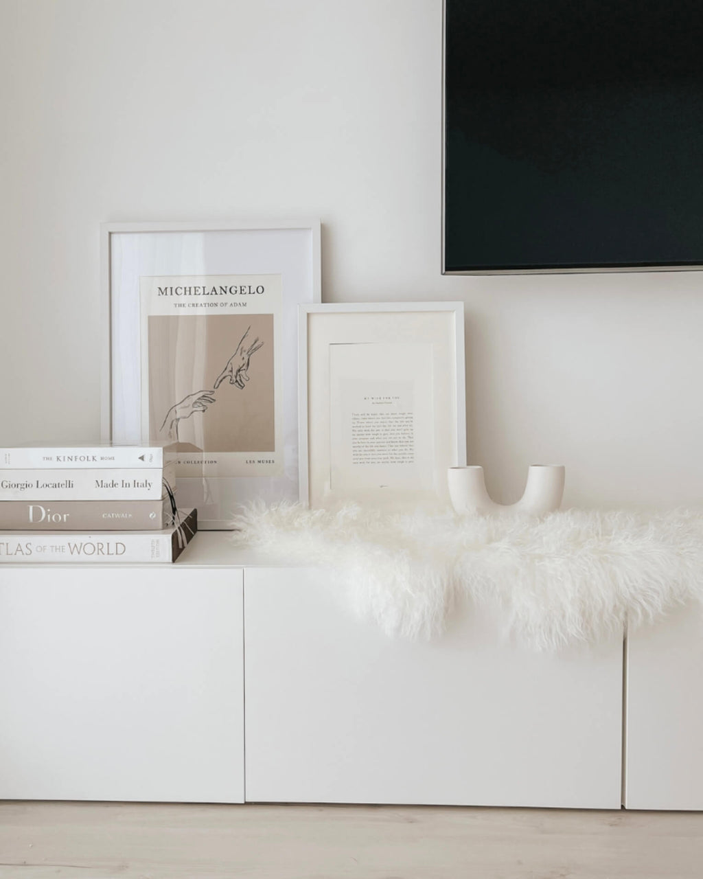 Ivory Mongolian Sheepskin Rug on tv bench