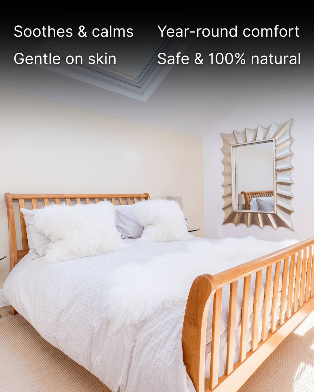 Ivory Mongolian Sheepskin Rug on bed