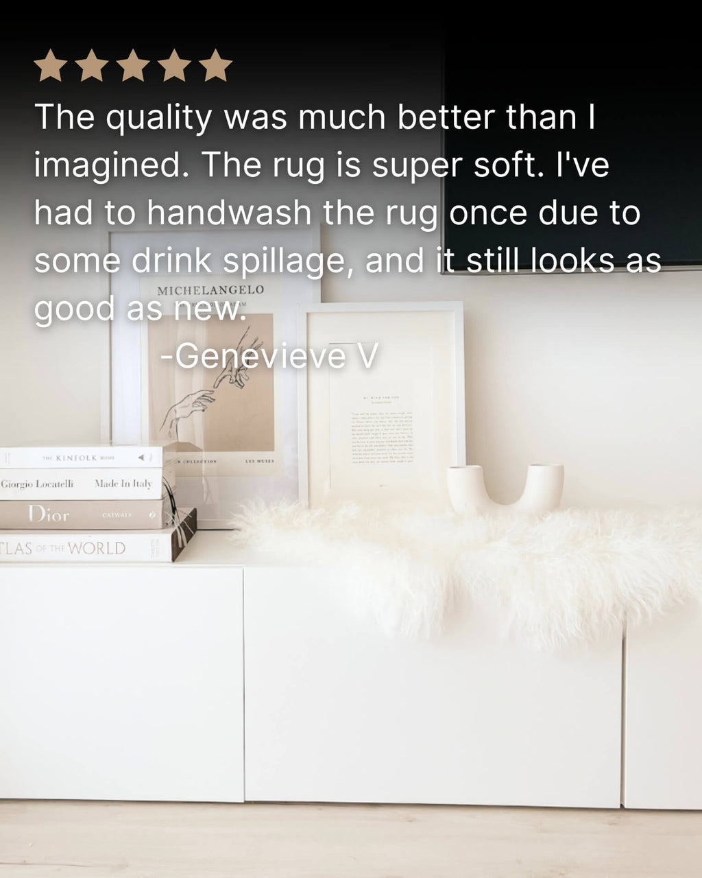 Ivory Mongolian Sheepskin Rug on tv cabinet