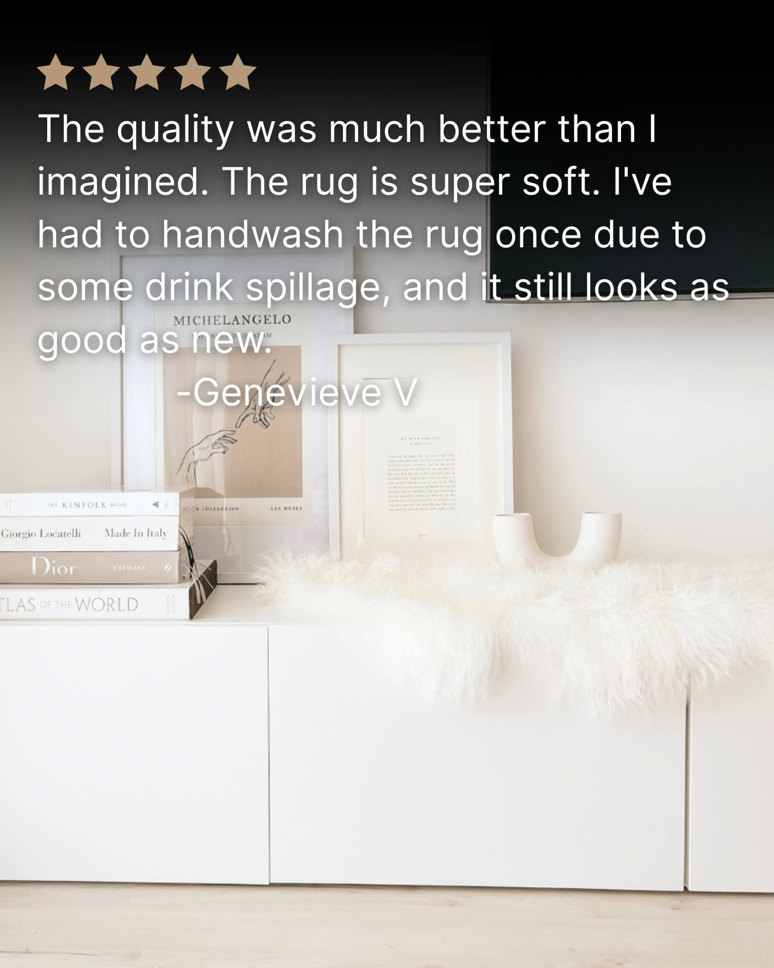 Ivory Mongolian Sheepskin Rug on tv cabinet