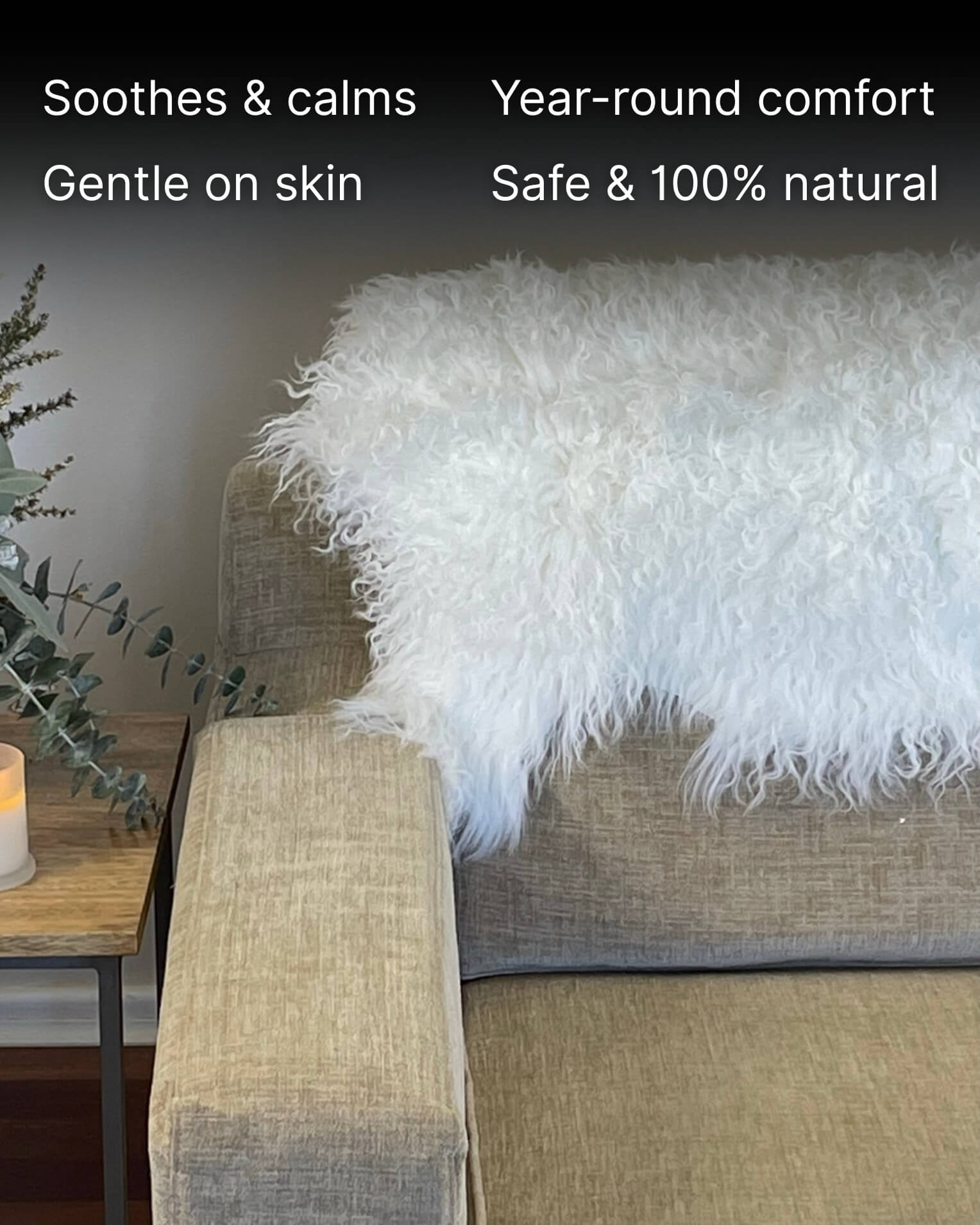 Ivory Mongolian Sheepskin Rug on grey sofa